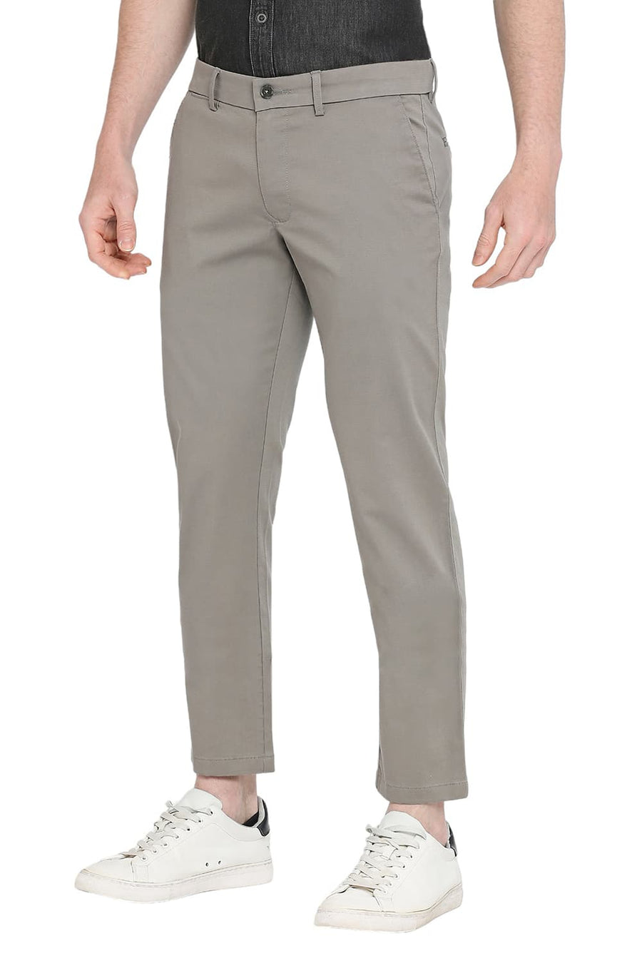 BASICS TAPERED FIT GRANITE GREY COTTON STRETCH DOBBY TROUSERS