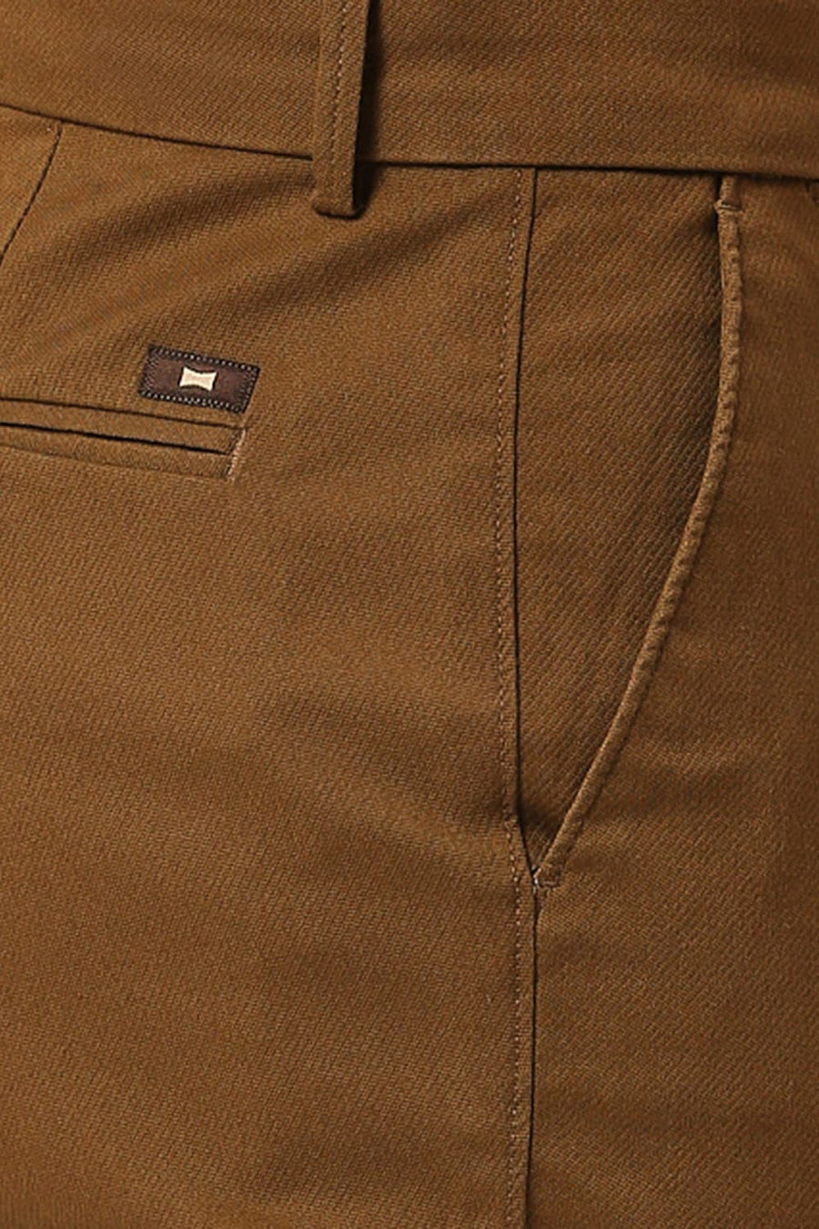 BASICS TAPERED FIT EARTH BROWN COTTON STRETCH DOBBY TROUSERS