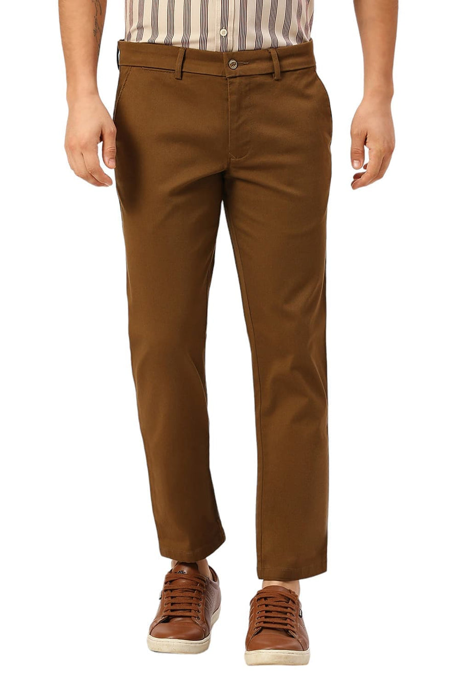 BASICS TAPERED FIT EARTH BROWN COTTON STRETCH DOBBY TROUSERS