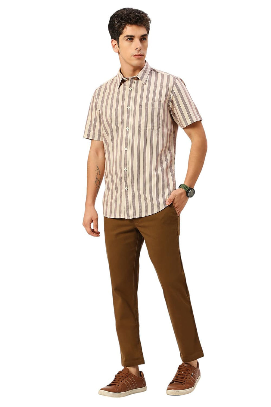 BASICS TAPERED FIT EARTH BROWN COTTON STRETCH DOBBY TROUSERS