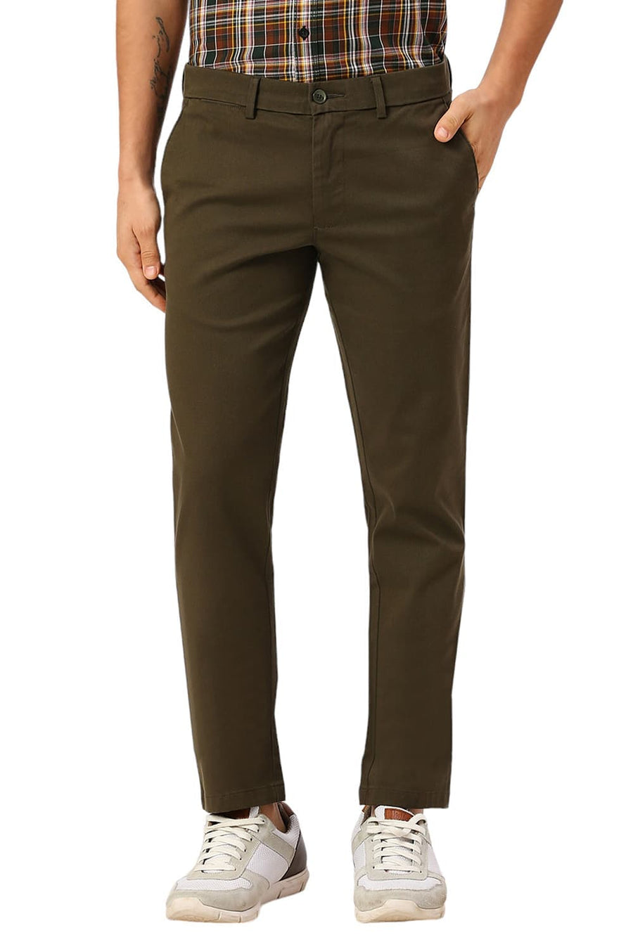 BASICS TAPERED FIT TAMAC DARK GREEN COTTON STRETCH DOBBY TROUSERS