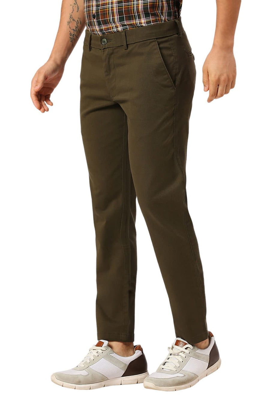 BASICS TAPERED FIT TAMAC DARK GREEN COTTON STRETCH DOBBY TROUSERS