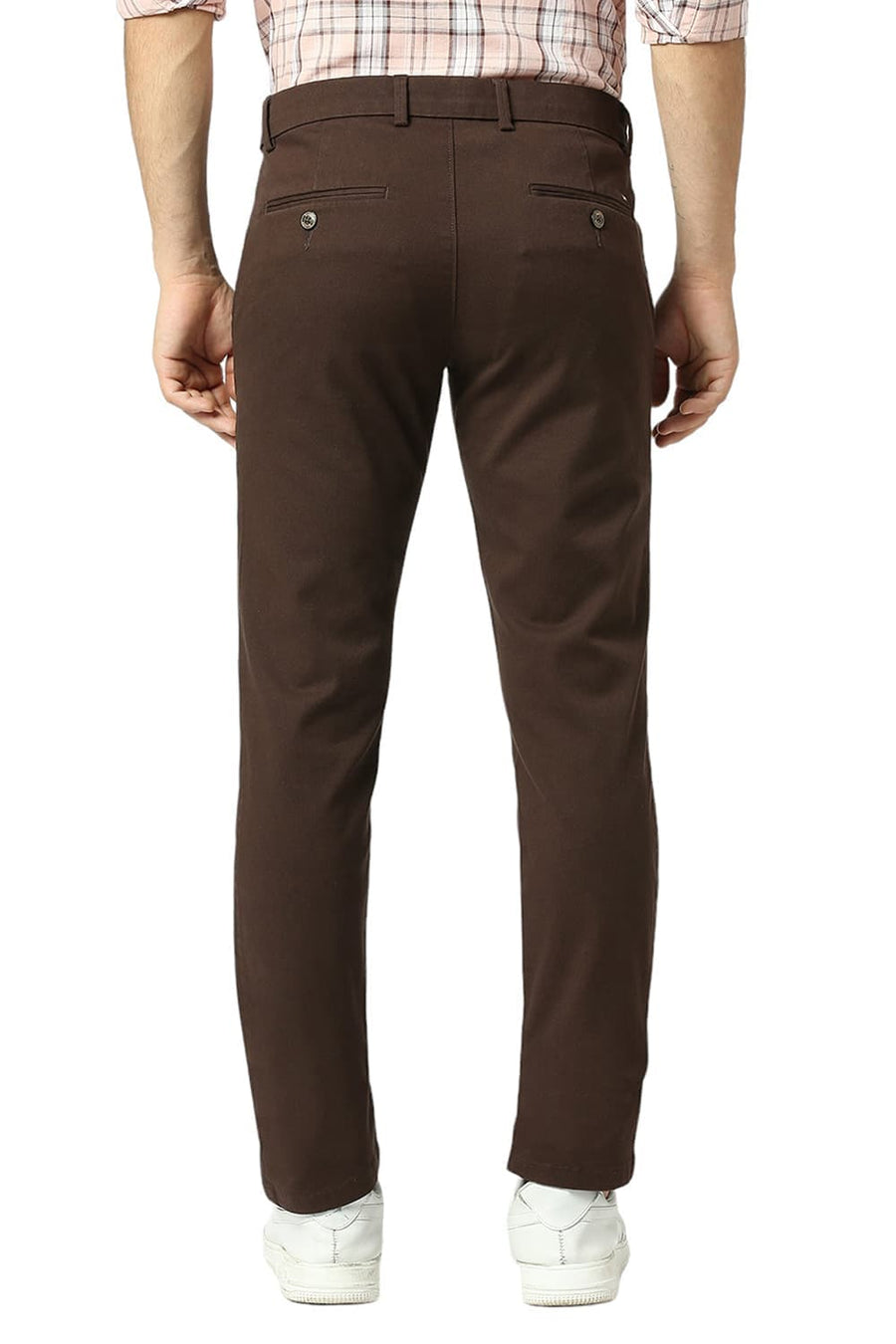 BASICS TAPERED FIT TURKISH DARK BROWN COTTON STRETCH DOBBY TROUSERS