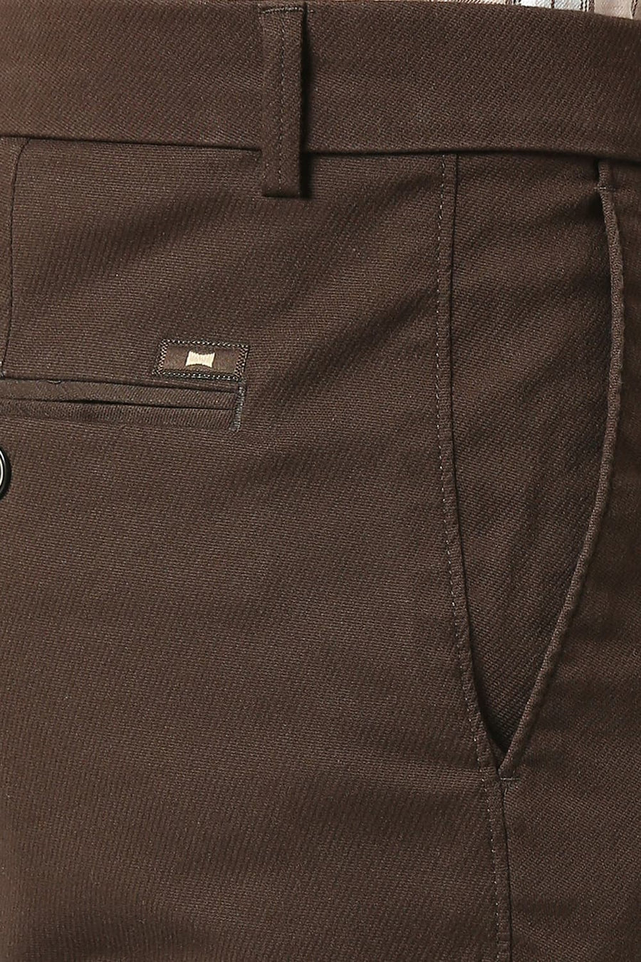 BASICS TAPERED FIT TURKISH DARK BROWN COTTON STRETCH DOBBY TROUSERS