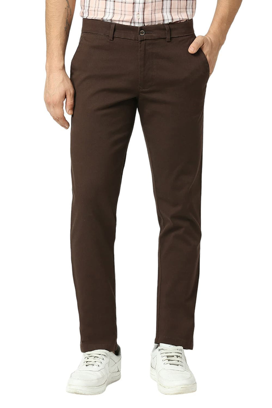 BASICS TAPERED FIT TURKISH DARK BROWN COTTON STRETCH DOBBY TROUSERS