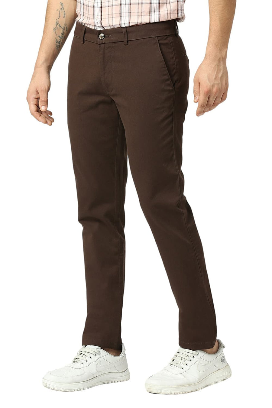 BASICS TAPERED FIT TURKISH DARK BROWN COTTON STRETCH DOBBY TROUSERS