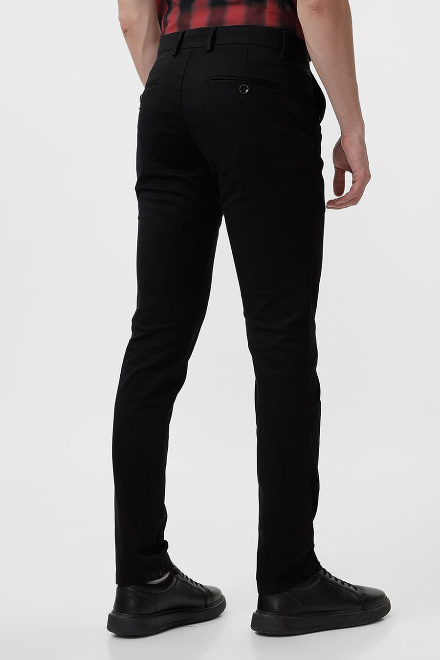 BASICS TAPERED FIT CAVIAR BLACK COTTON STRETCH DOBBY TROUSERS