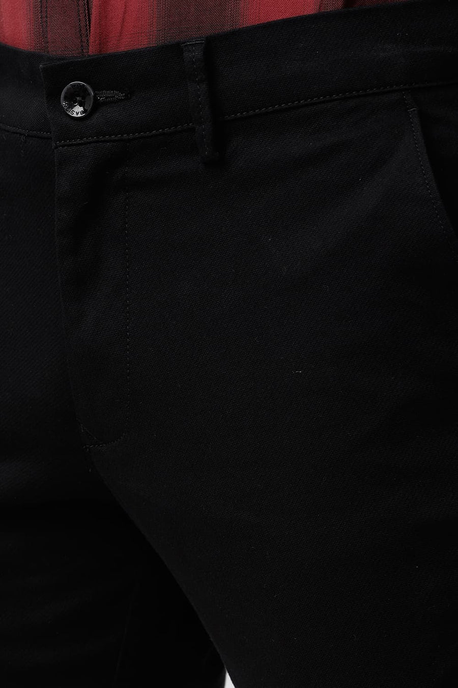 BASICS TAPERED FIT CAVIAR BLACK COTTON STRETCH DOBBY TROUSERS