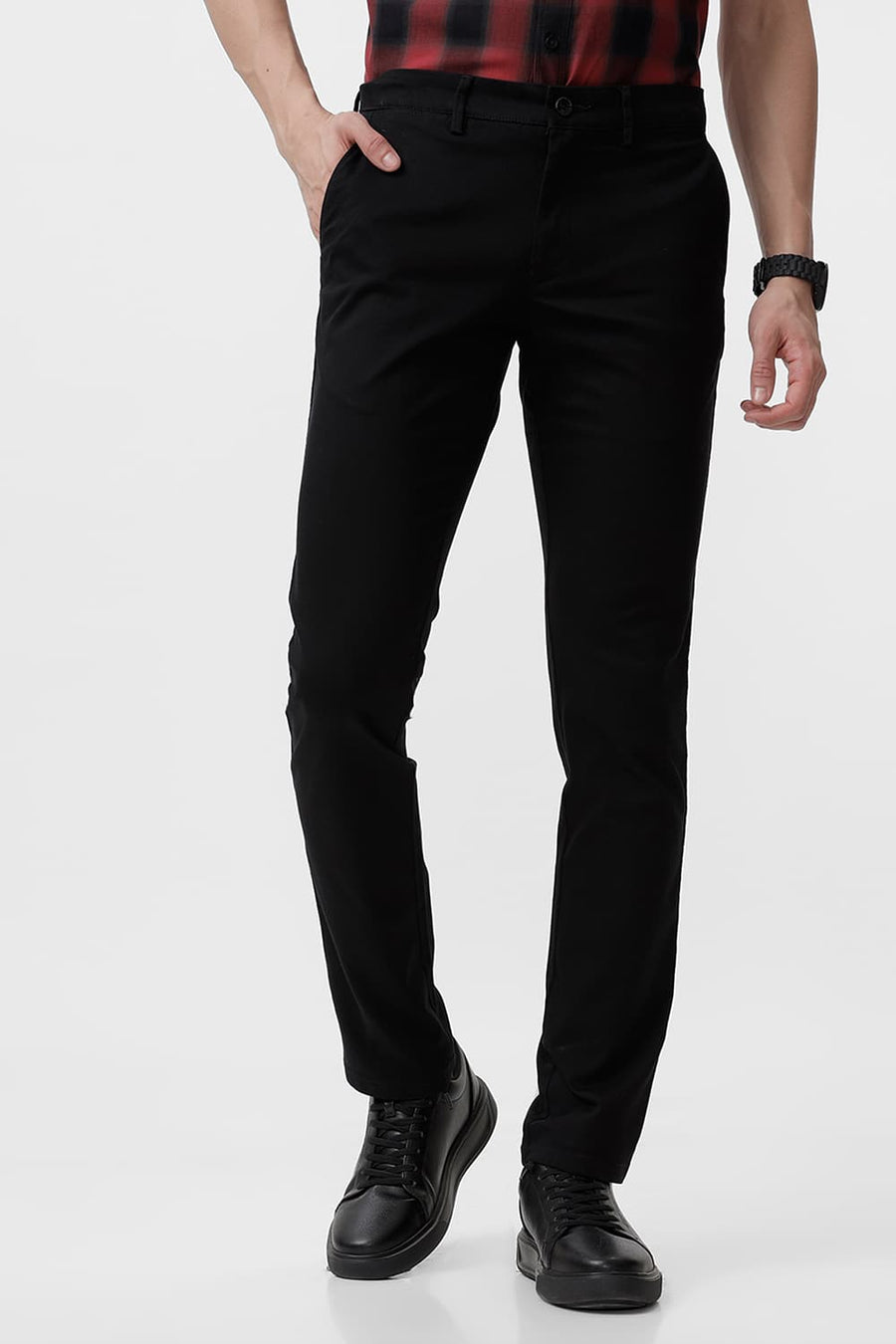 BASICS TAPERED FIT CAVIAR BLACK COTTON STRETCH DOBBY TROUSERS