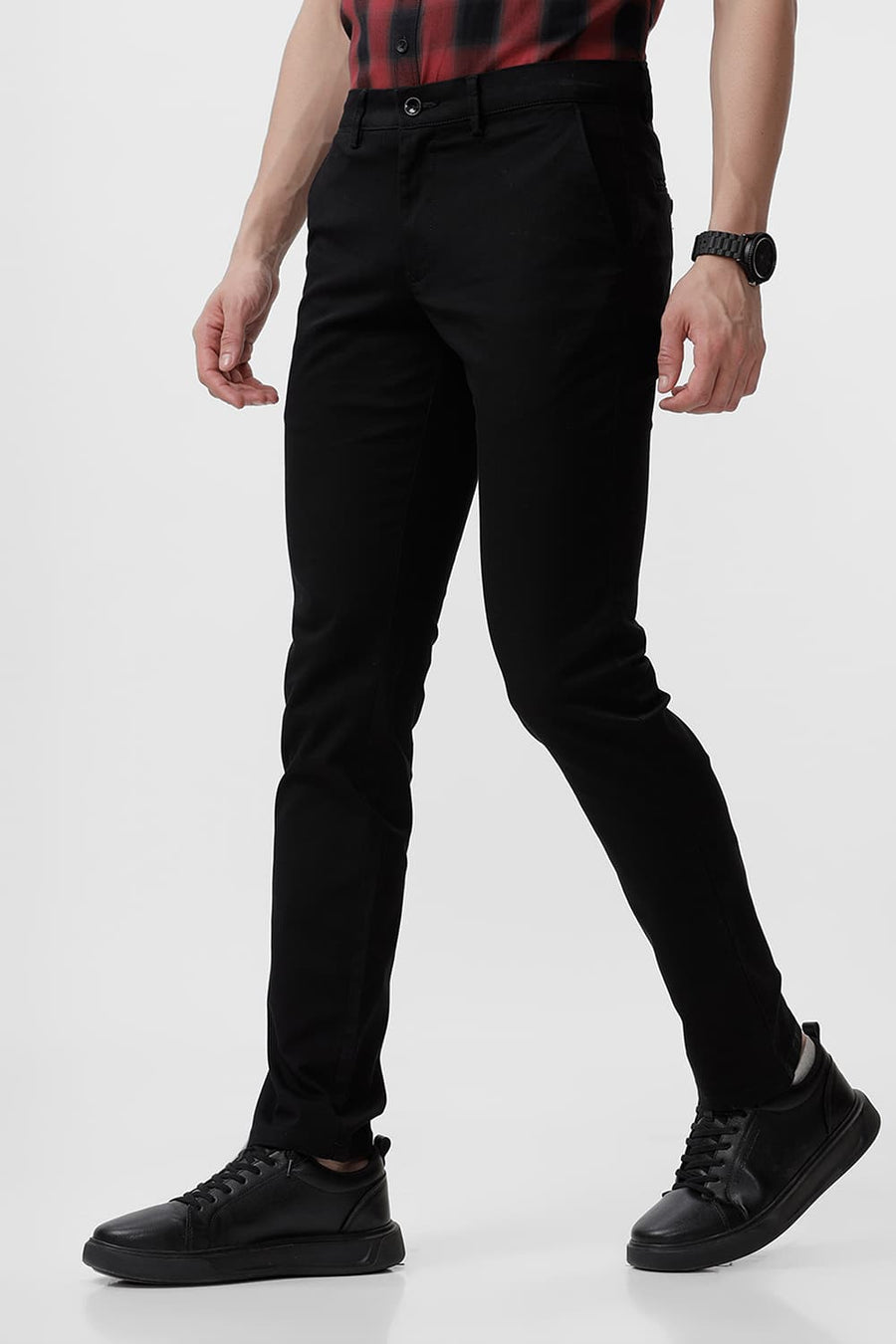 BASICS TAPERED FIT CAVIAR BLACK COTTON STRETCH DOBBY TROUSERS