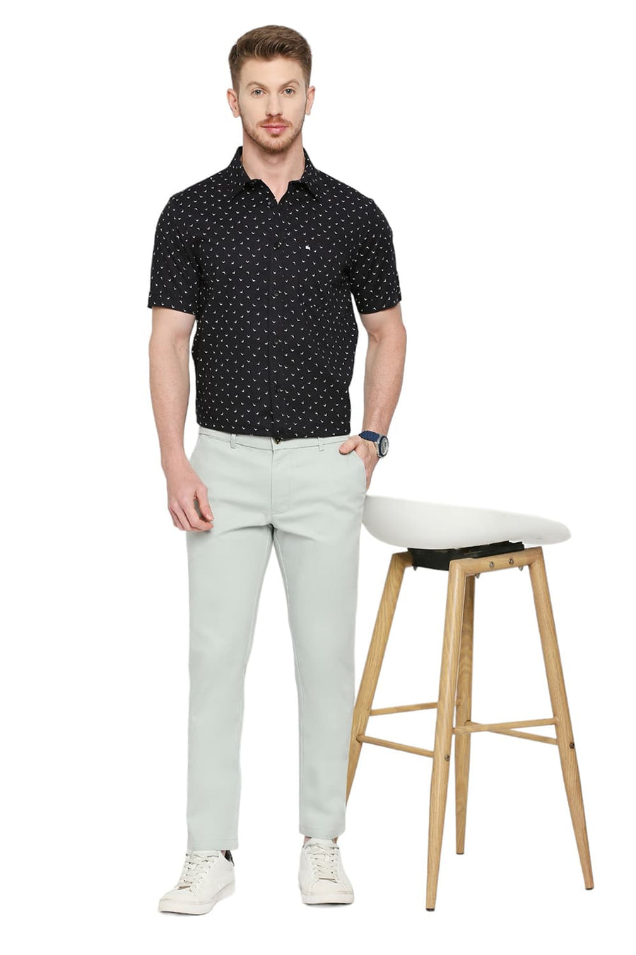 BASICS TAPERED FIT SPROUT GREEN COTTON STRETCH DOBBY TROUSERS