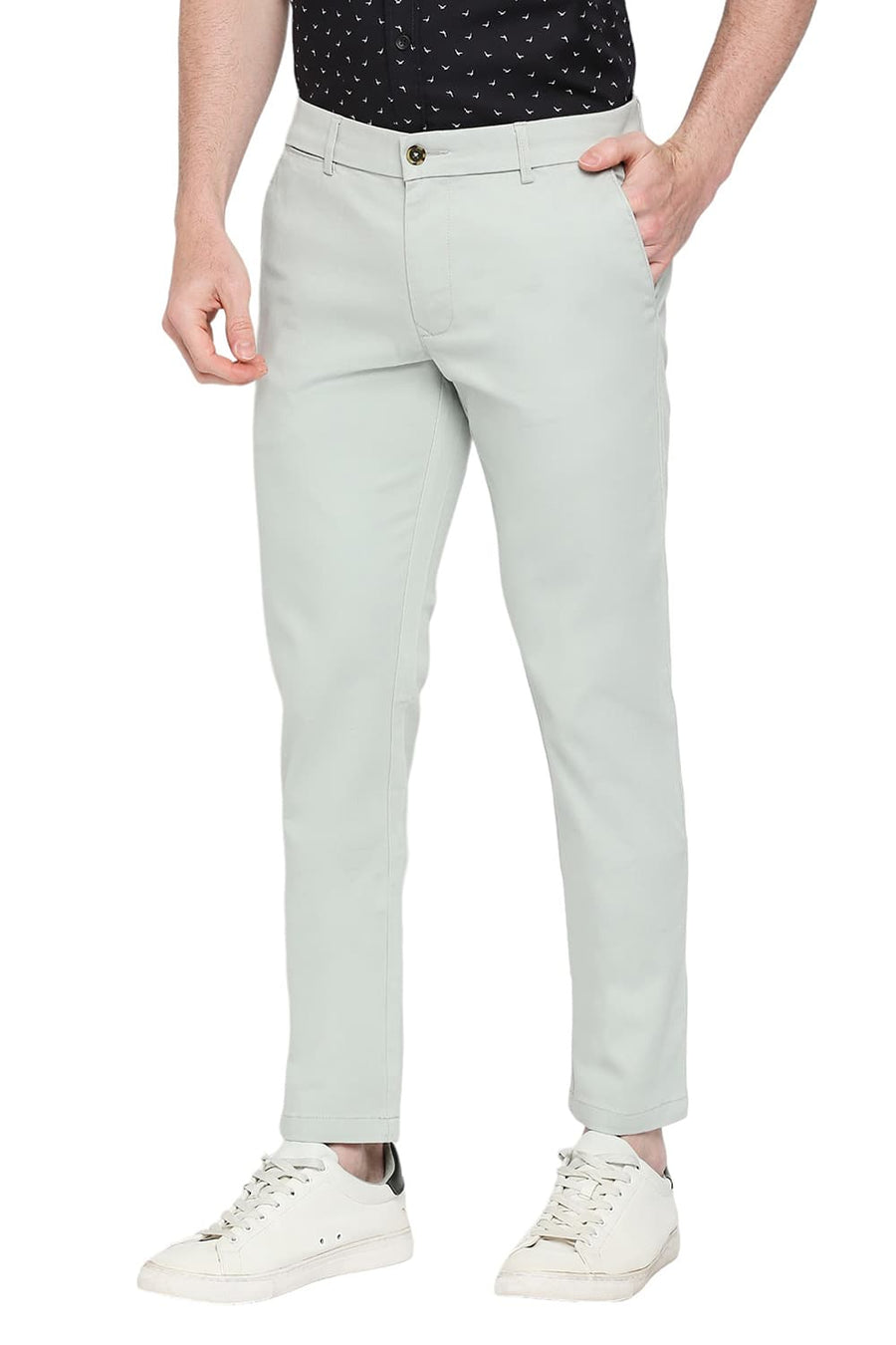 BASICS TAPERED FIT SPROUT GREEN COTTON STRETCH DOBBY TROUSERS