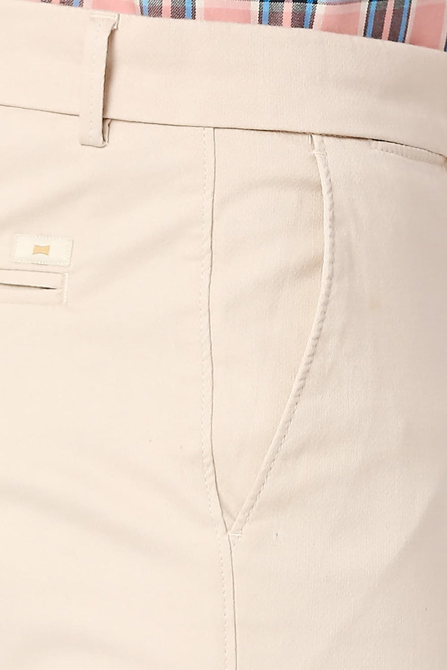 BASICS TAPERED FIT CREME BEIGE COTTON STRETCH DOBBY TROUSERS