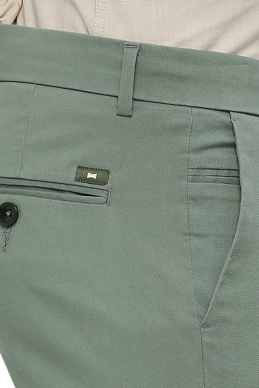 BASICS TAPERED FIT CHINOIS GREEN COTTON STRETCH DOBBY TROUSERS
