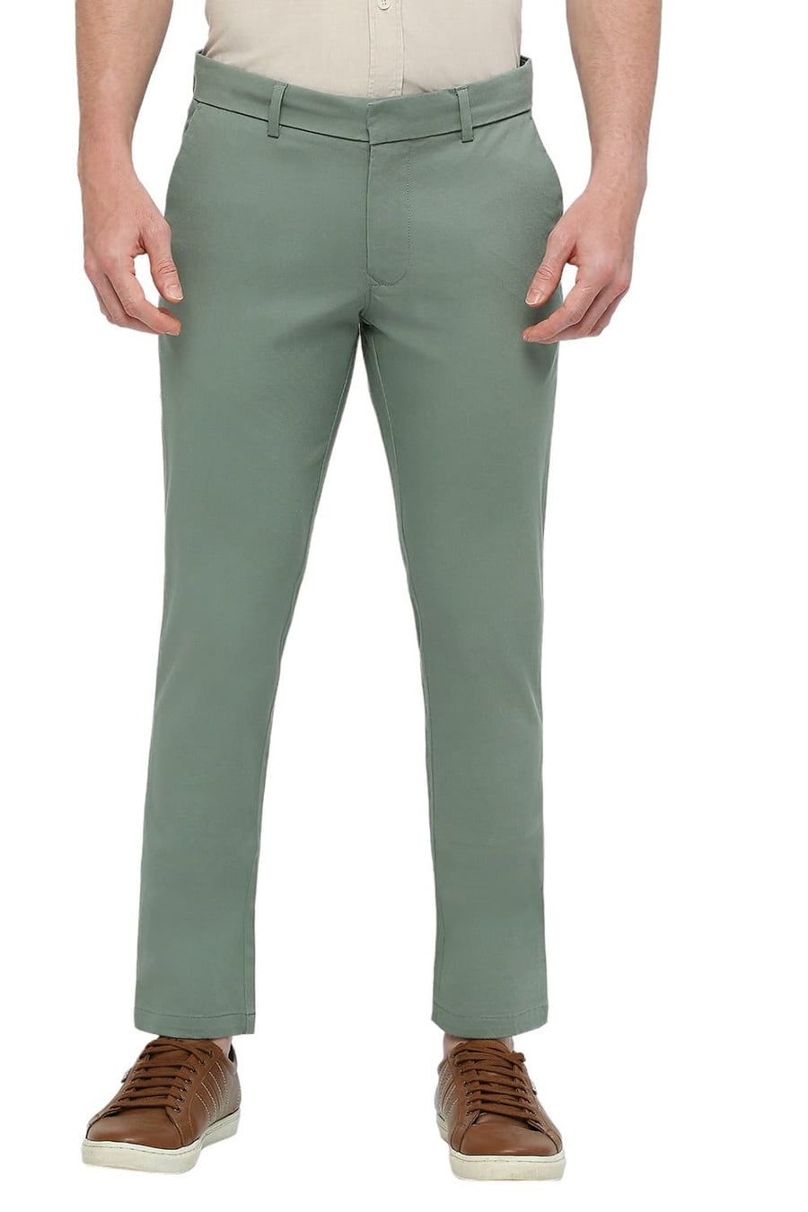 BASICS TAPERED FIT CHINOIS GREEN COTTON STRETCH DOBBY TROUSERS