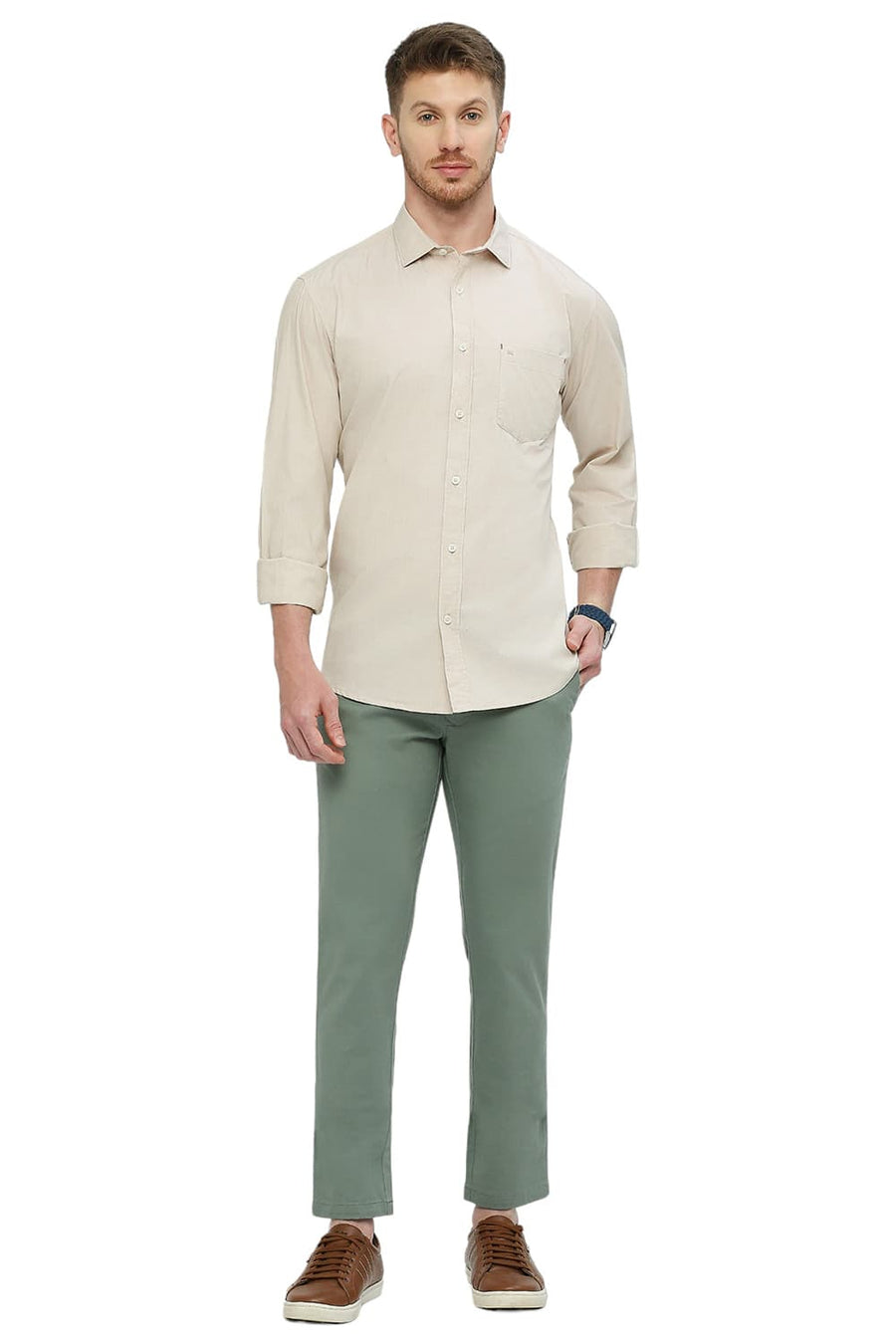 BASICS TAPERED FIT CHINOIS GREEN COTTON STRETCH DOBBY TROUSERS