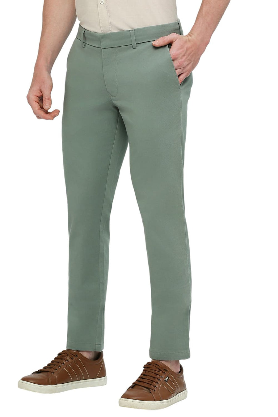 BASICS TAPERED FIT CHINOIS GREEN COTTON STRETCH DOBBY TROUSERS
