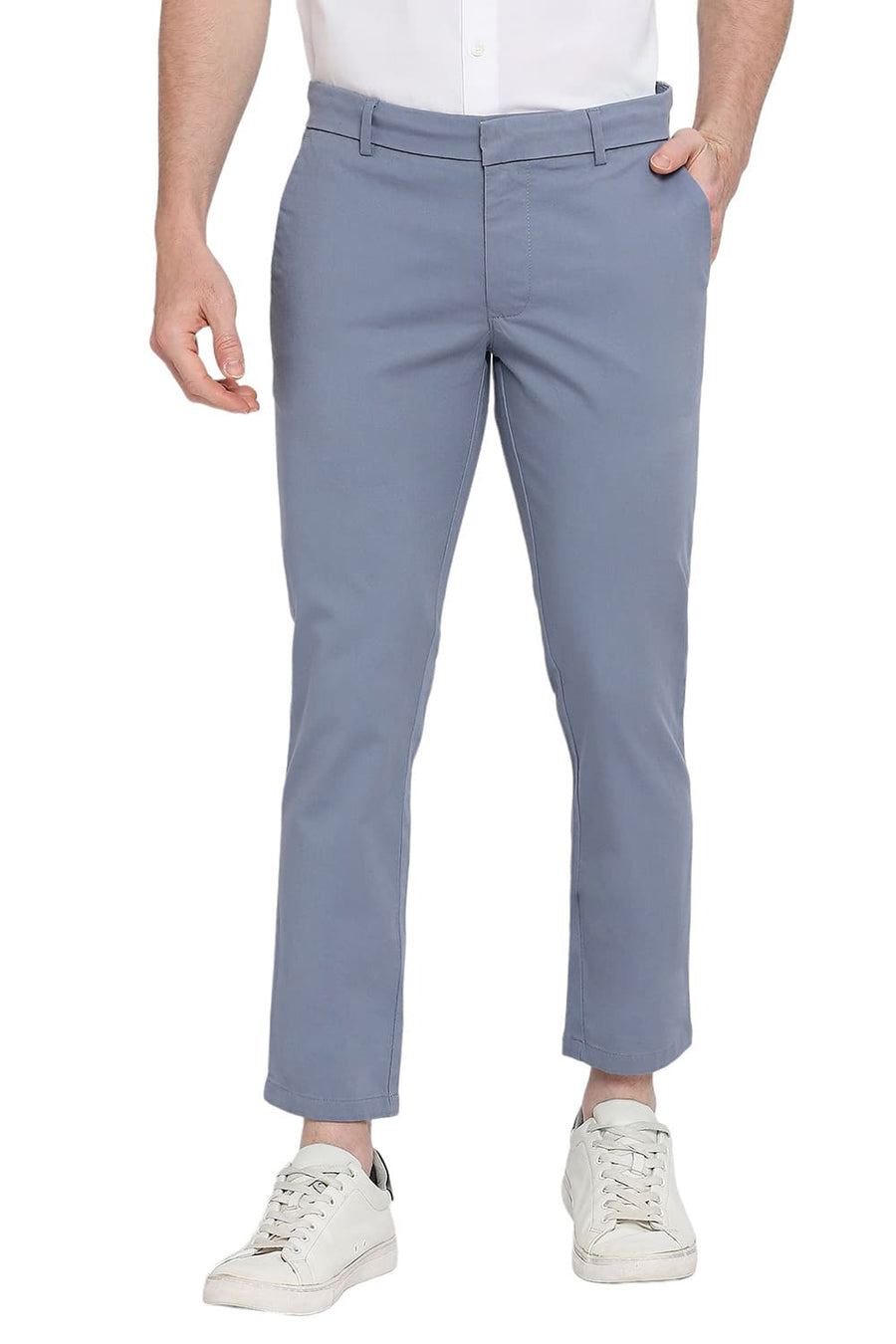 BASICS TAPERED FIT VINTAGE BLUE COTTON STRETCH DOBBY TROUSERS