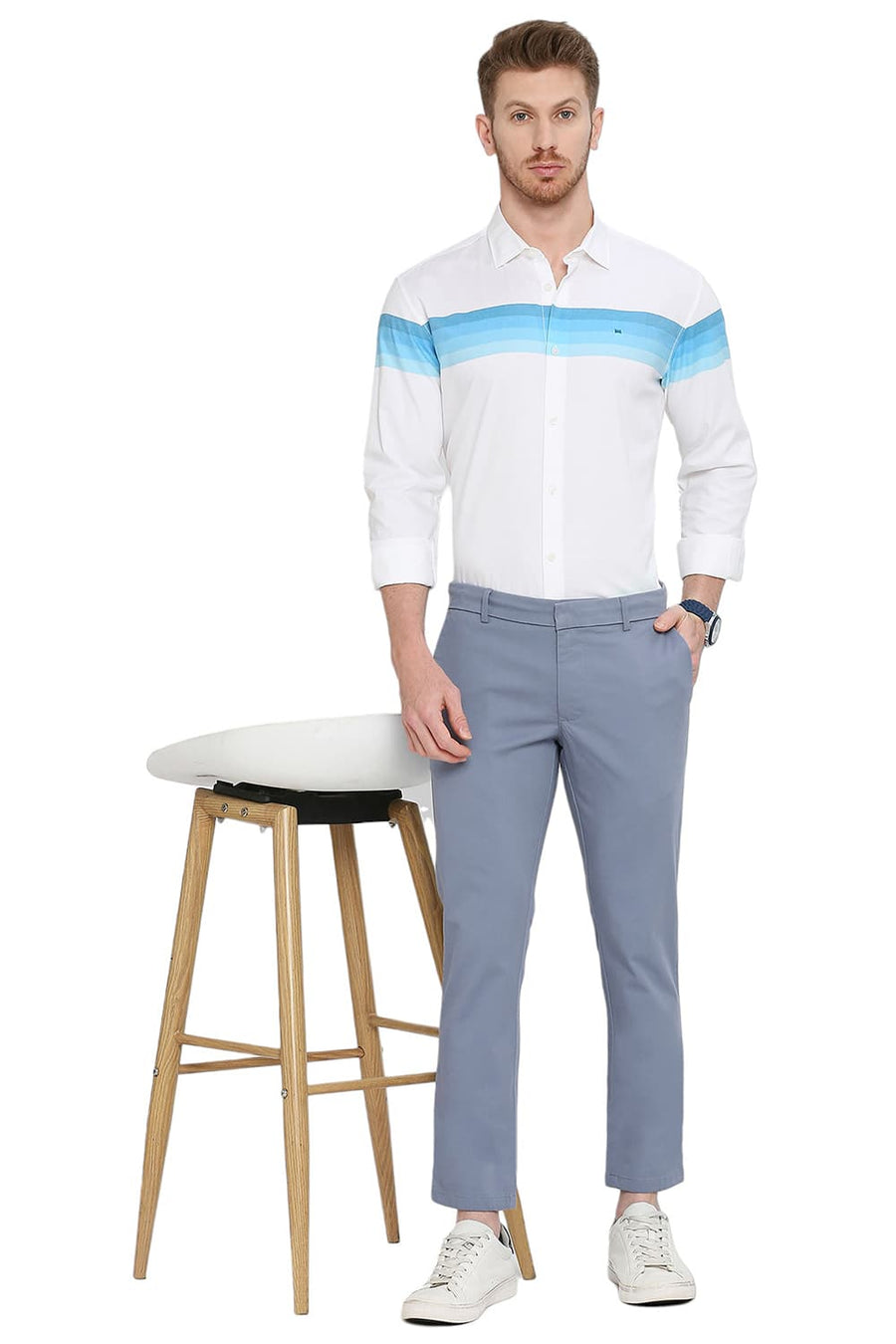BASICS TAPERED FIT VINTAGE BLUE COTTON STRETCH DOBBY TROUSERS