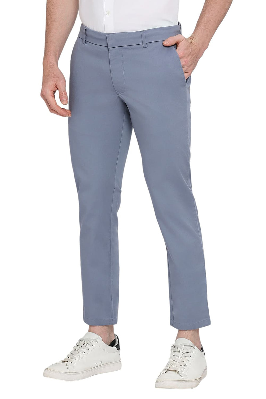 BASICS TAPERED FIT VINTAGE BLUE COTTON STRETCH DOBBY TROUSERS