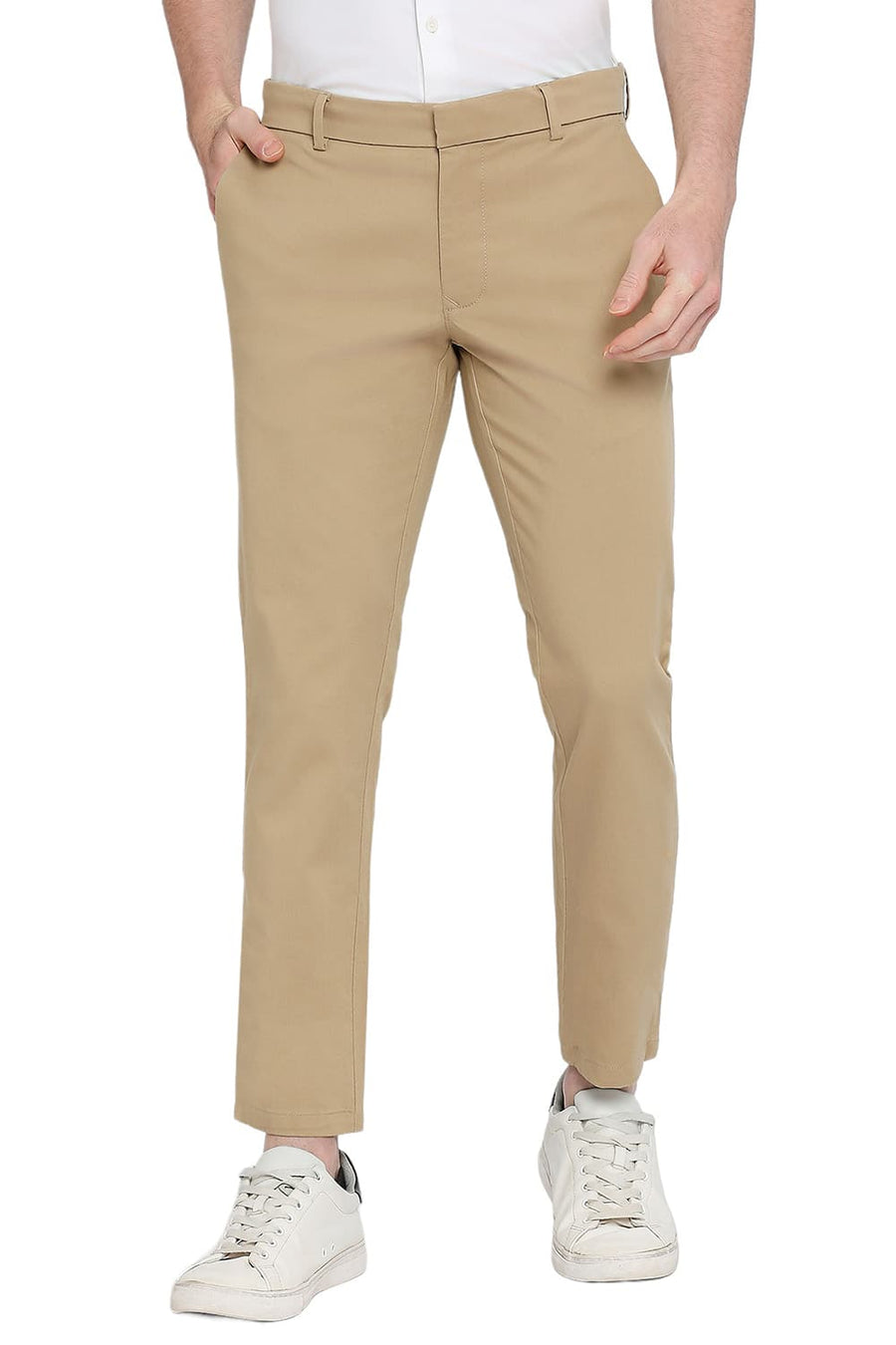 BASICS TAPERED FIT CANDIED KHAKI COTTON STRETCH DOBBY TROUSERS