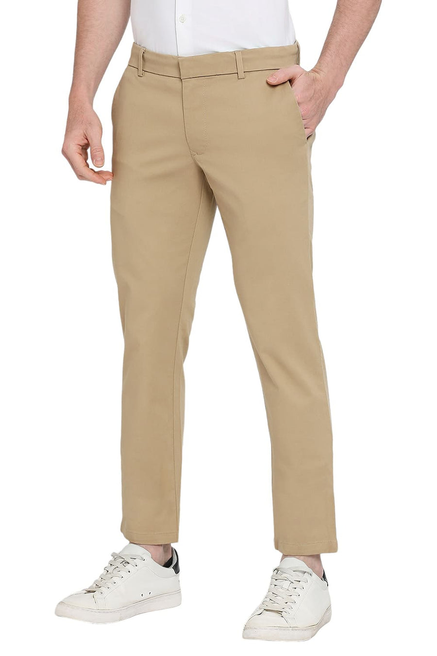 BASICS TAPERED FIT CANDIED KHAKI COTTON STRETCH DOBBY TROUSERS