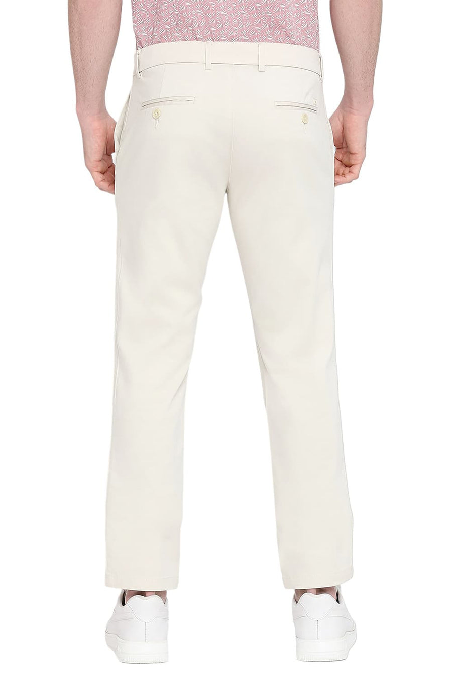 BASICS TAPERED FIT ALMOND STONE COTTON STRETCH DOBBY TROUSERS
