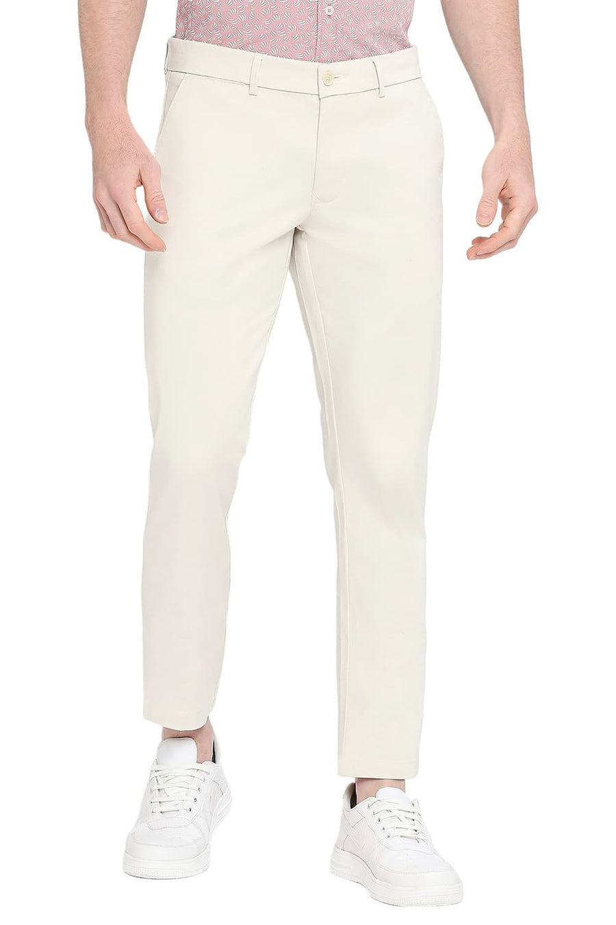 BASICS TAPERED FIT ALMOND STONE COTTON STRETCH DOBBY TROUSERS