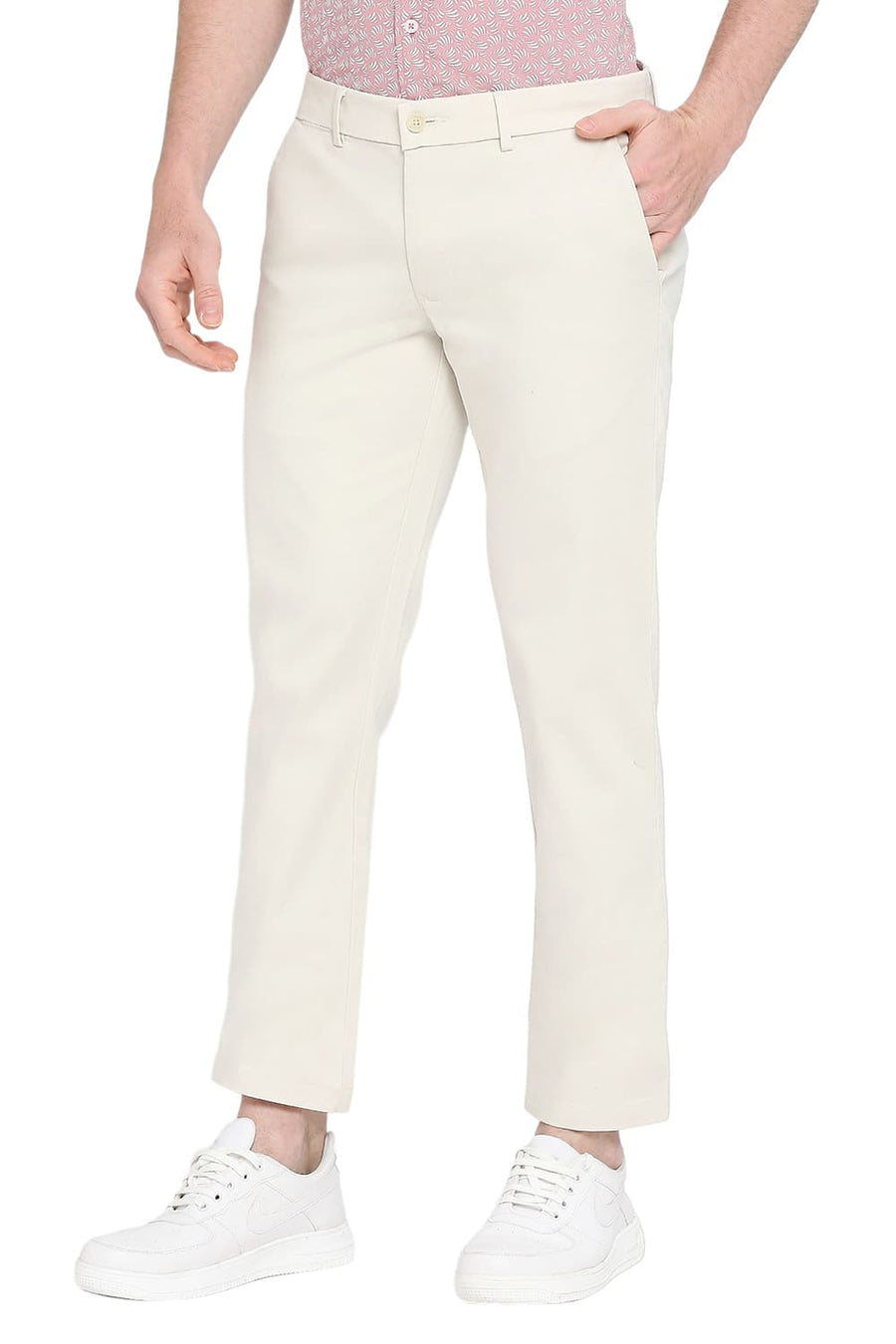 BASICS TAPERED FIT ALMOND STONE COTTON STRETCH DOBBY TROUSERS