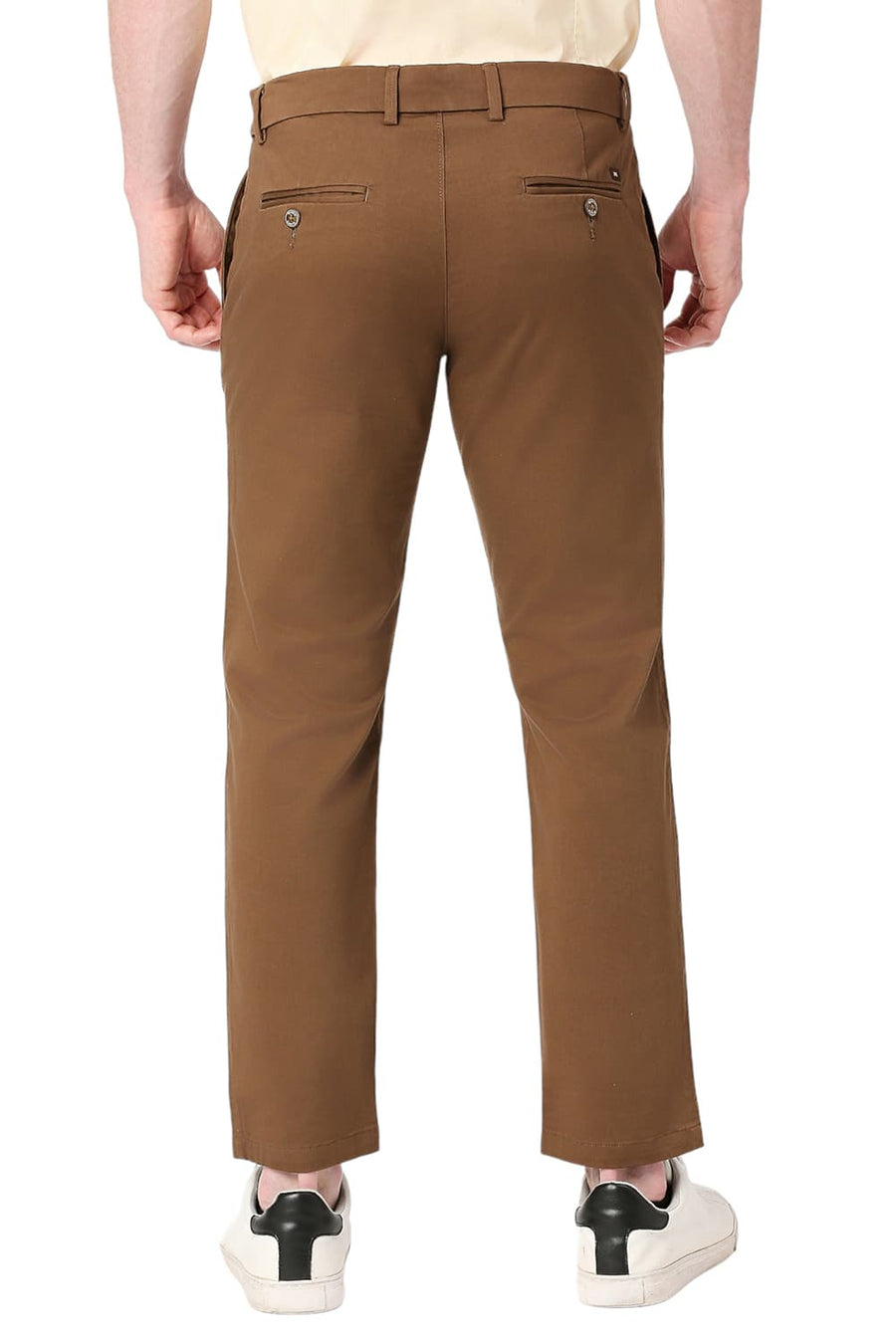 BASICS TAPERED FIT CUB BROWN COTTON STRETCH DOBBY TROUSERS