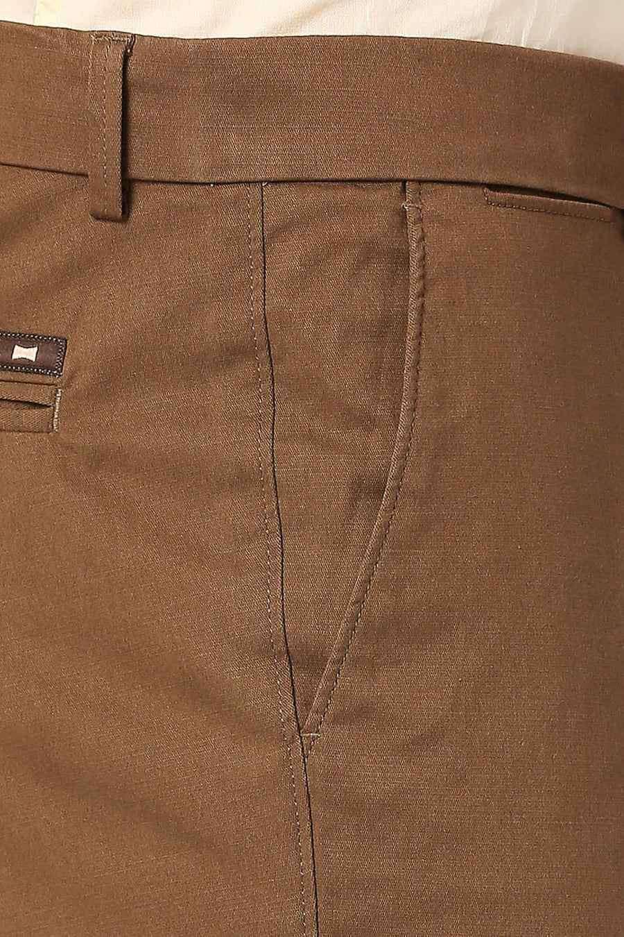 BASICS TAPERED FIT CUB BROWN COTTON STRETCH DOBBY TROUSERS