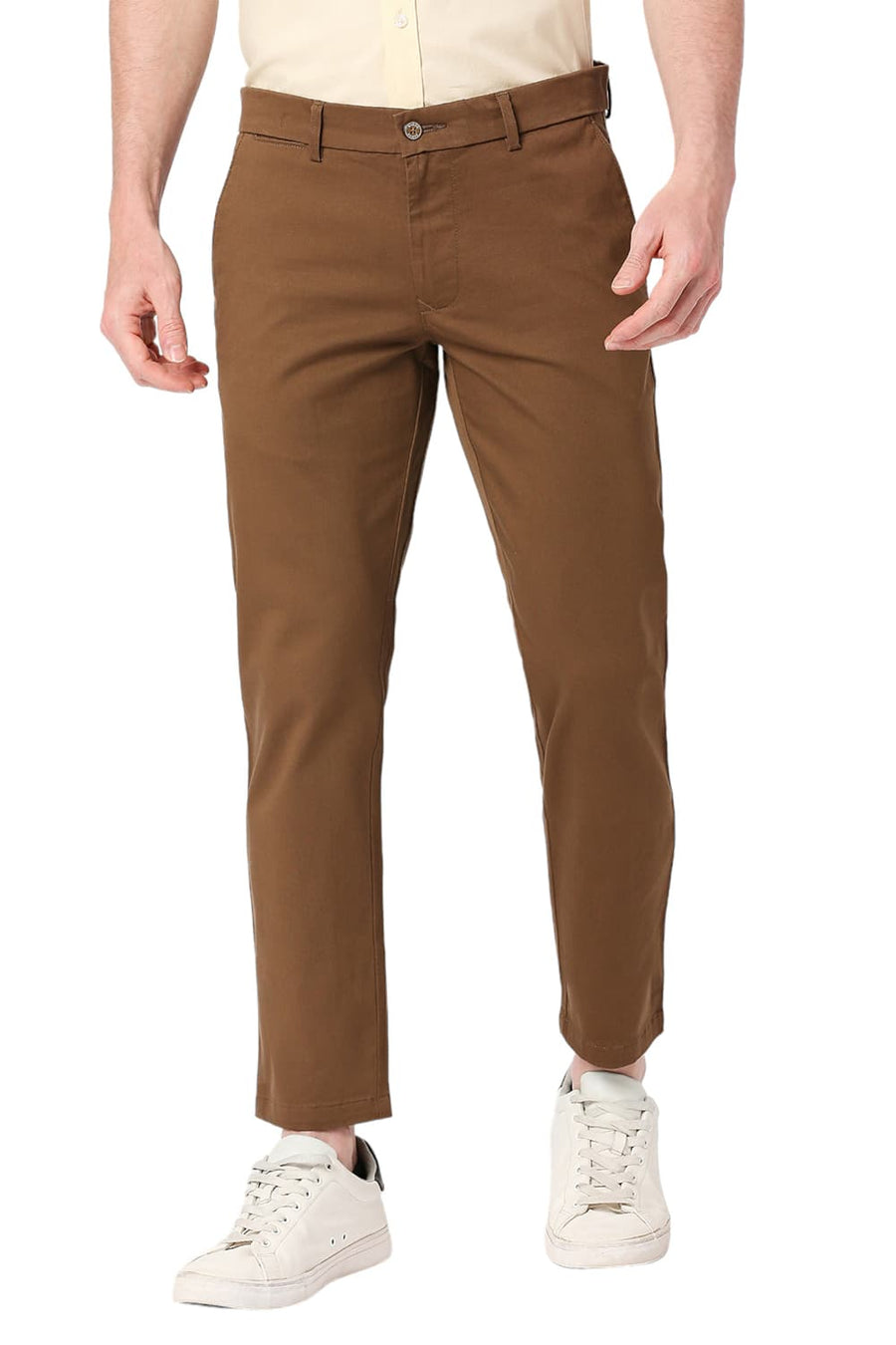 BASICS TAPERED FIT CUB BROWN COTTON STRETCH DOBBY TROUSERS