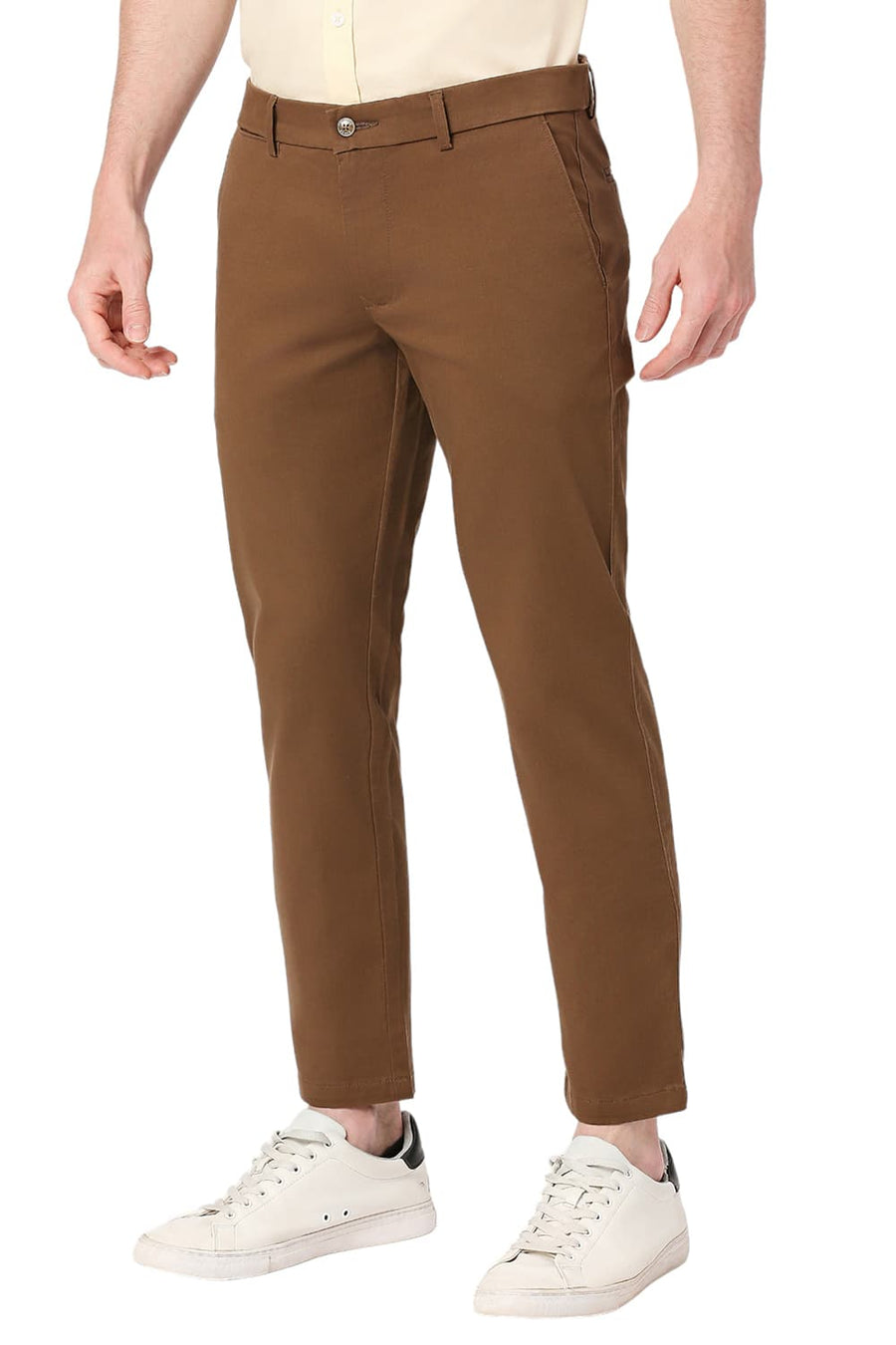 BASICS TAPERED FIT CUB BROWN COTTON STRETCH DOBBY TROUSERS