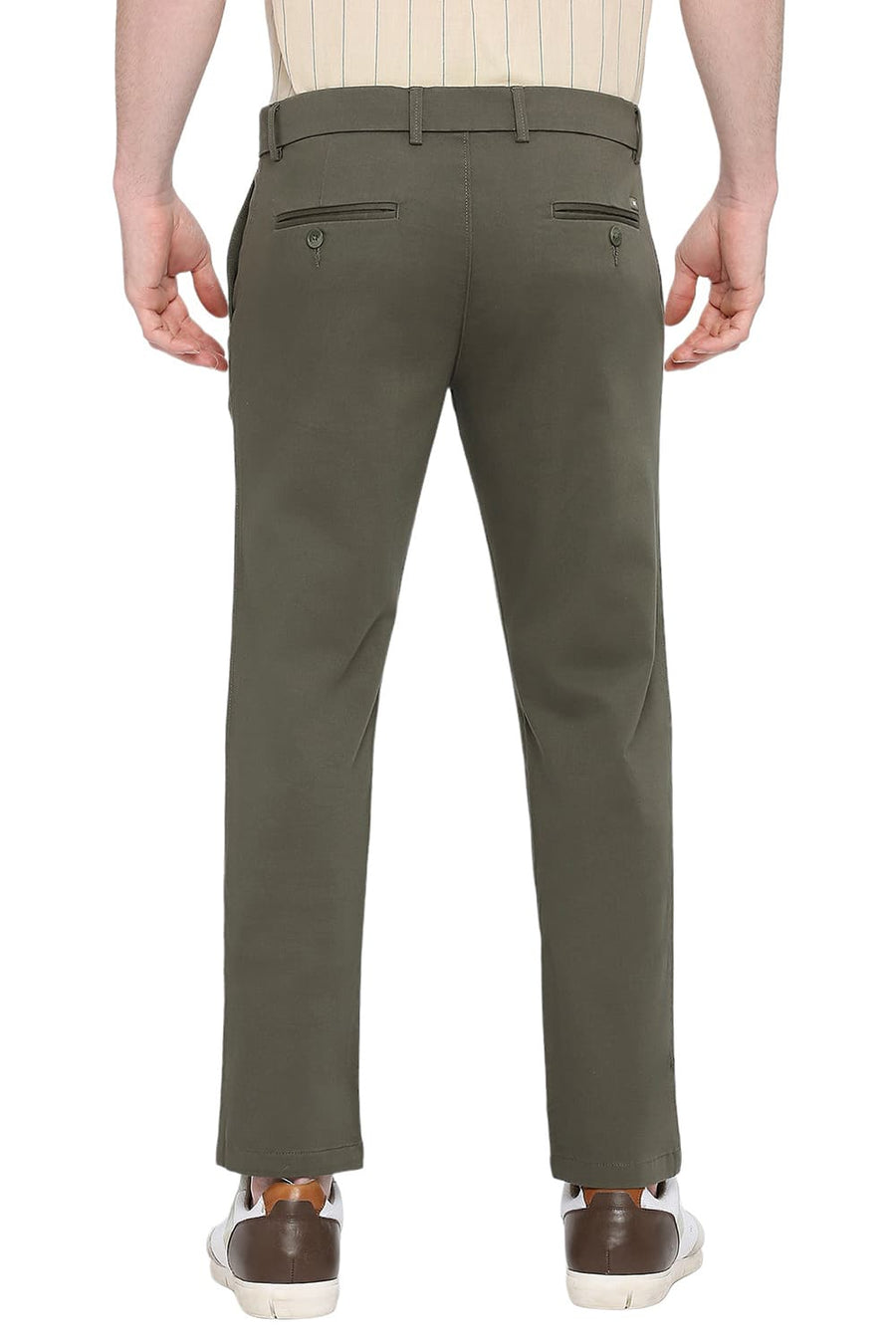 BASICS TAPERED FIT BELUGA GREEN COTTON STRETCH DOBBY TROUSERS
