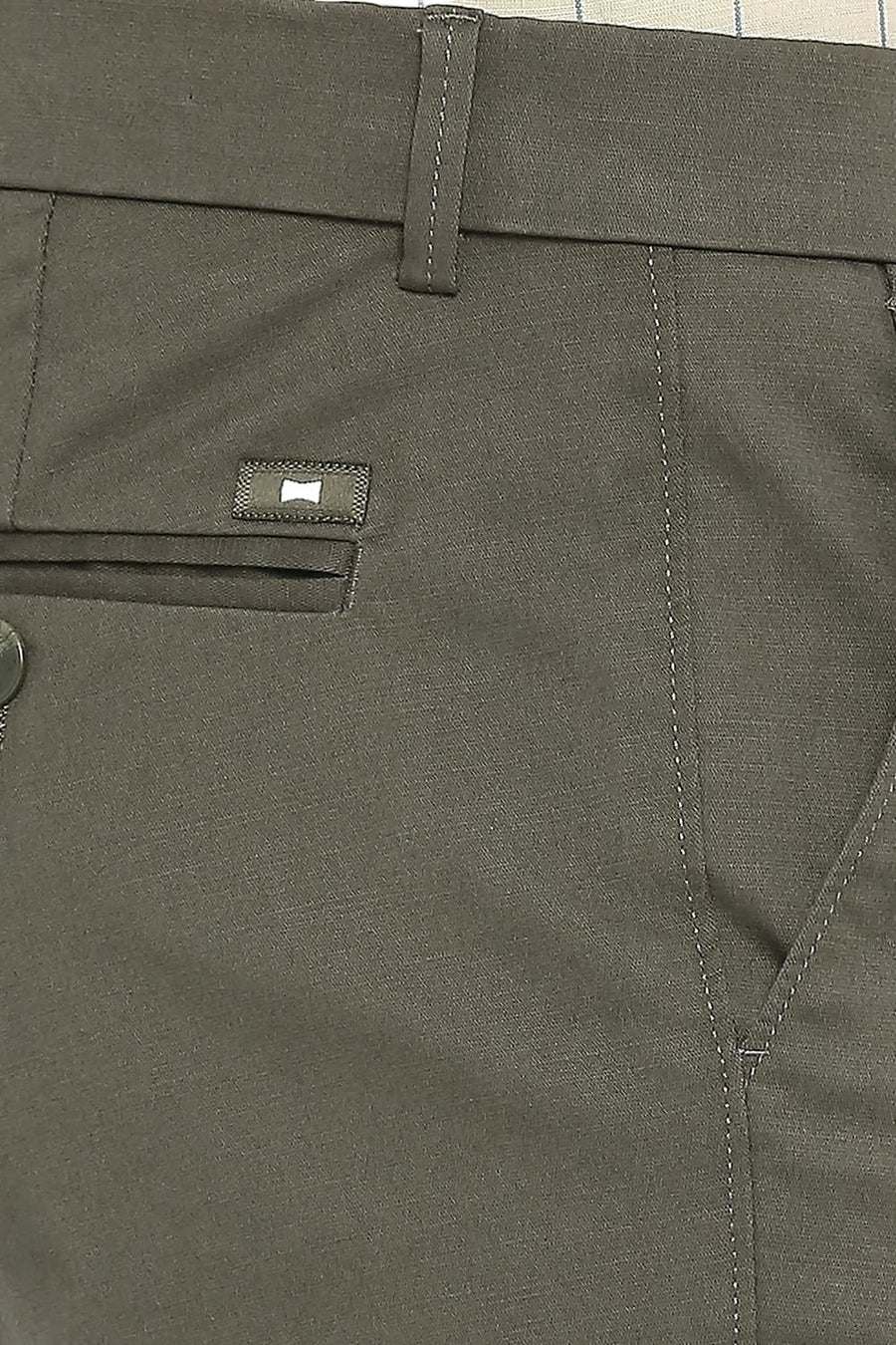 BASICS TAPERED FIT BELUGA GREEN COTTON STRETCH DOBBY TROUSERS