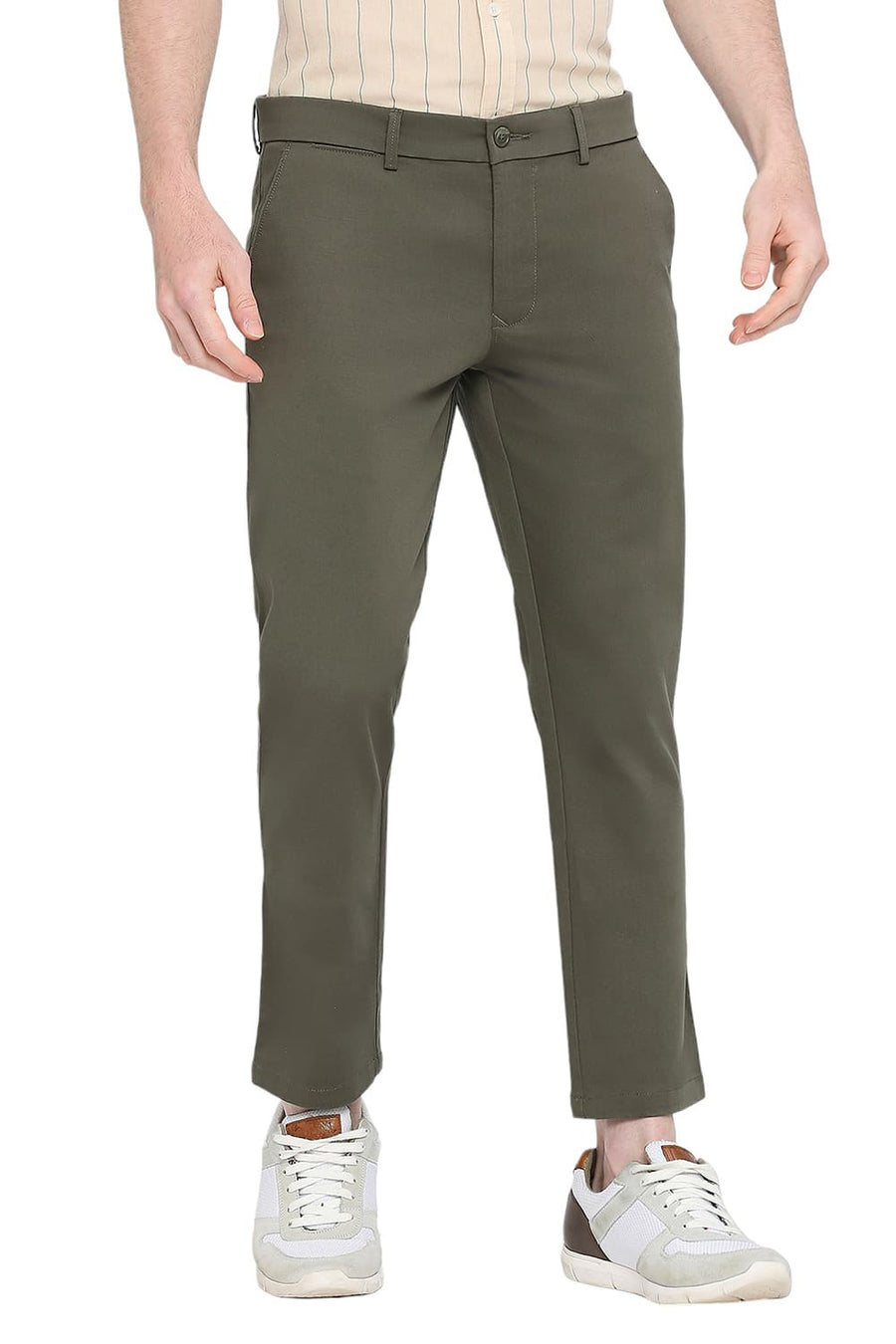 BASICS TAPERED FIT BELUGA GREEN COTTON STRETCH DOBBY TROUSERS