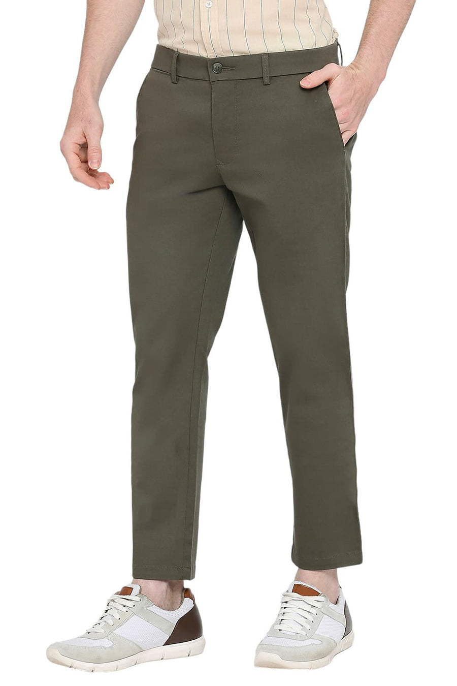 BASICS TAPERED FIT BELUGA GREEN COTTON STRETCH DOBBY TROUSERS