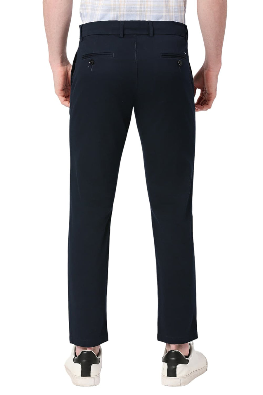 BASICS TAPERED FIT BLACK IRIS NAVY COTTON STRETCH DOBBY TROUSERS