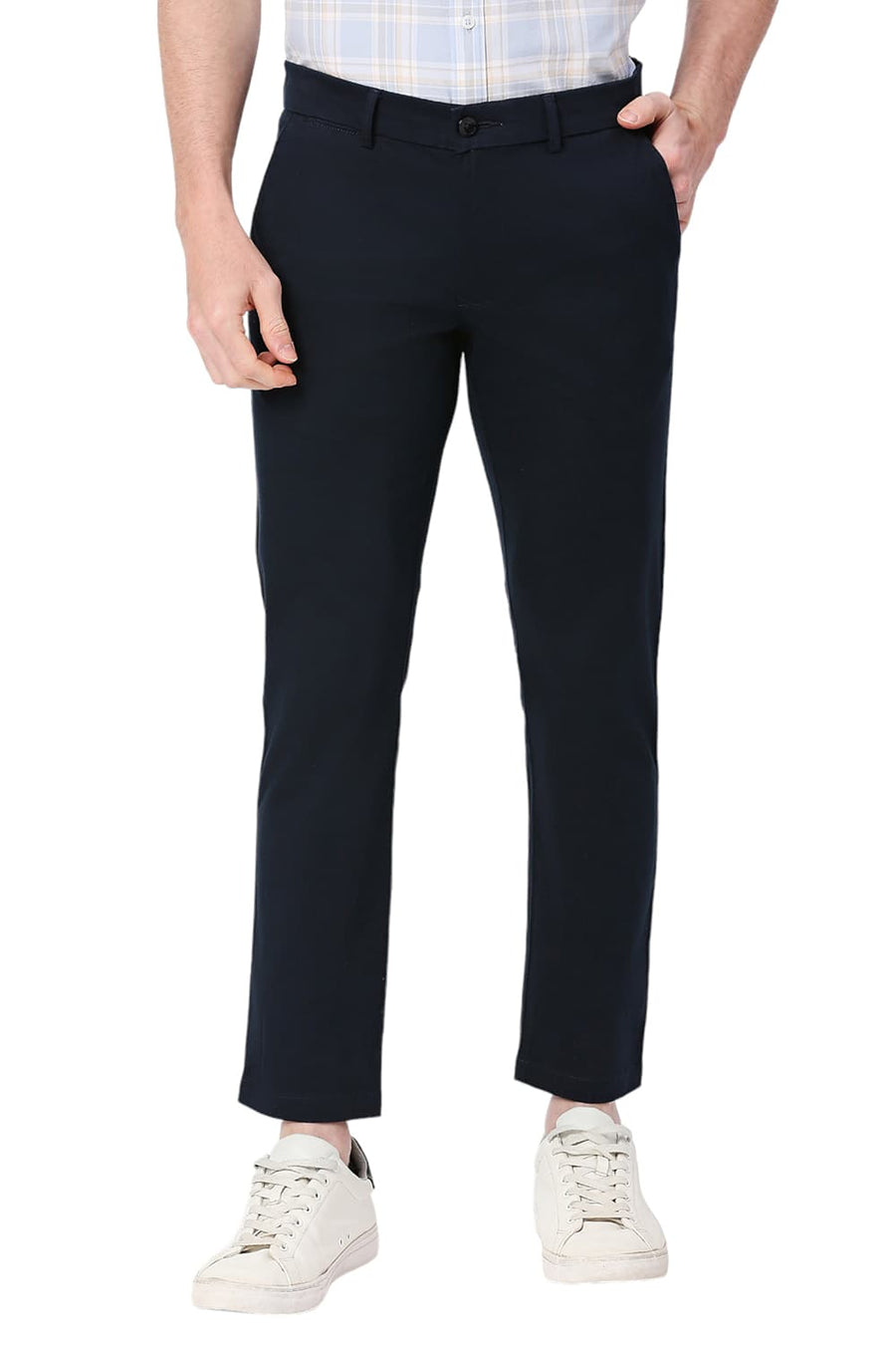BASICS TAPERED FIT BLACK IRIS NAVY COTTON STRETCH DOBBY TROUSERS