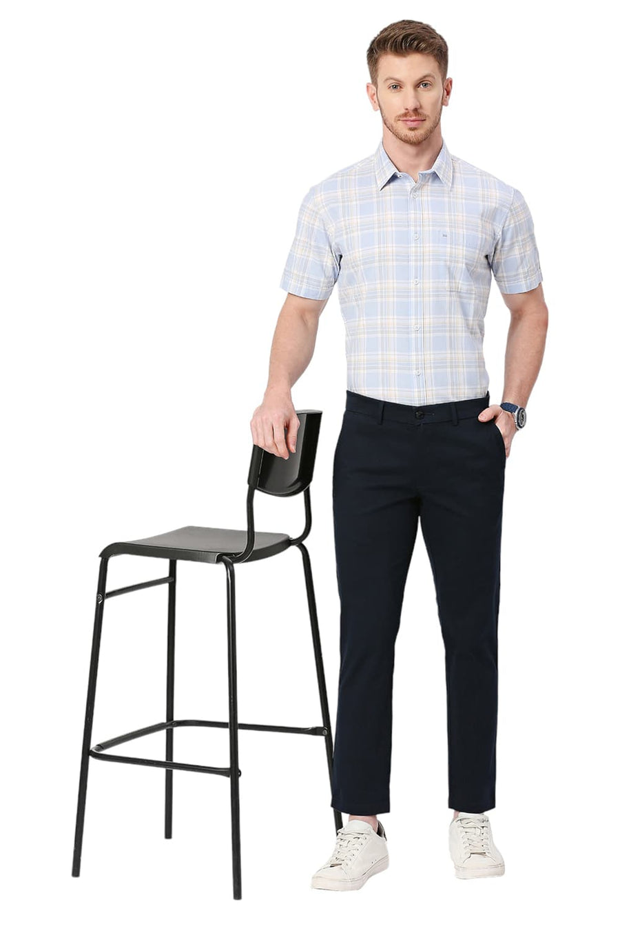BASICS TAPERED FIT BLACK IRIS NAVY COTTON STRETCH DOBBY TROUSERS