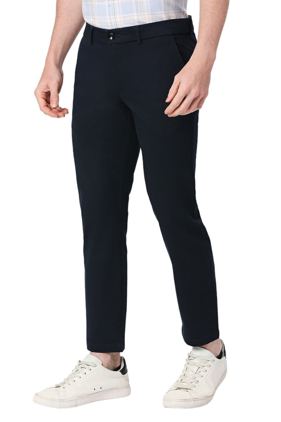 BASICS TAPERED FIT BLACK IRIS NAVY COTTON STRETCH DOBBY TROUSERS