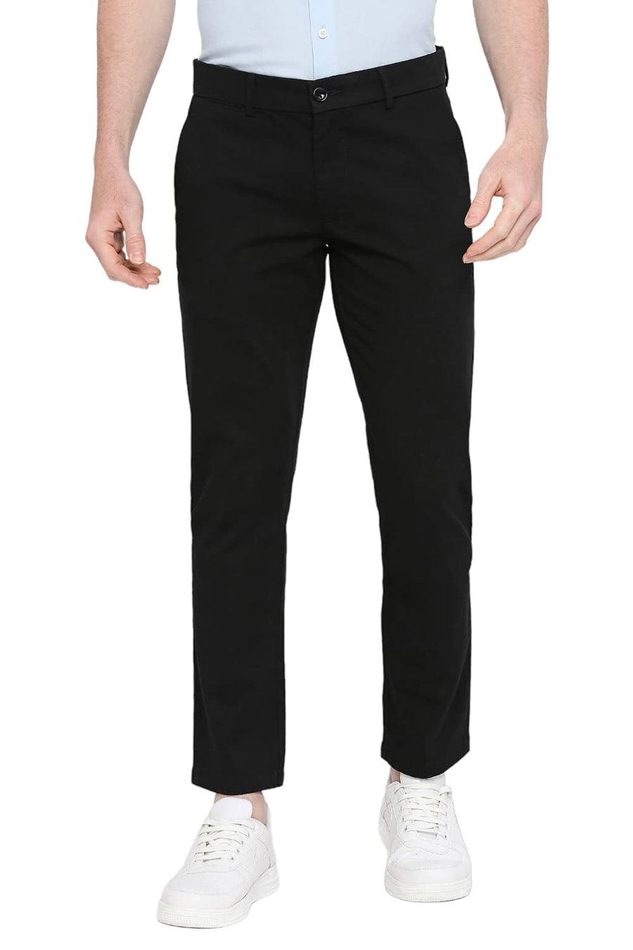 BASICS TAPERED FIT METEORITE BLACK COTTON STRETCH DOBBY TROUSERS