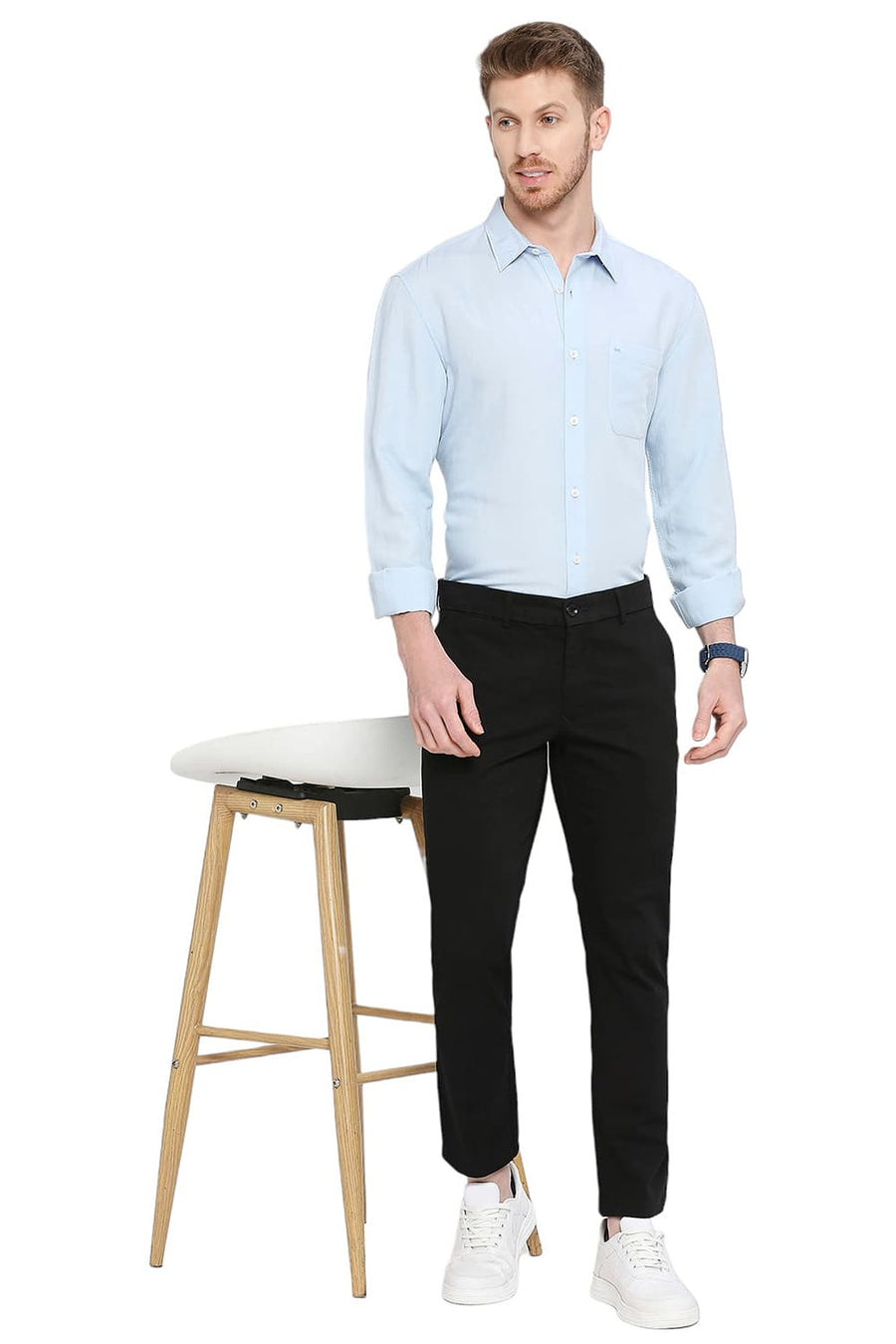 BASICS TAPERED FIT METEORITE BLACK COTTON STRETCH DOBBY TROUSERS