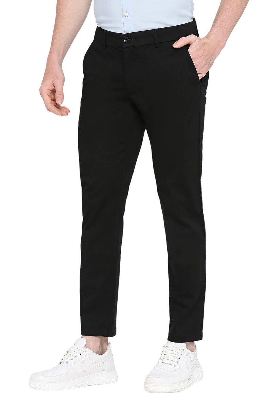 BASICS TAPERED FIT METEORITE BLACK COTTON STRETCH DOBBY TROUSERS