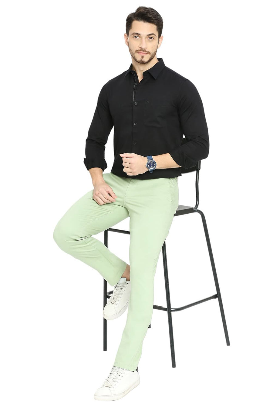 BASICS TAPERED FIT ASPEN GREEN COTTON STRETCH DOBBY TROUSERS