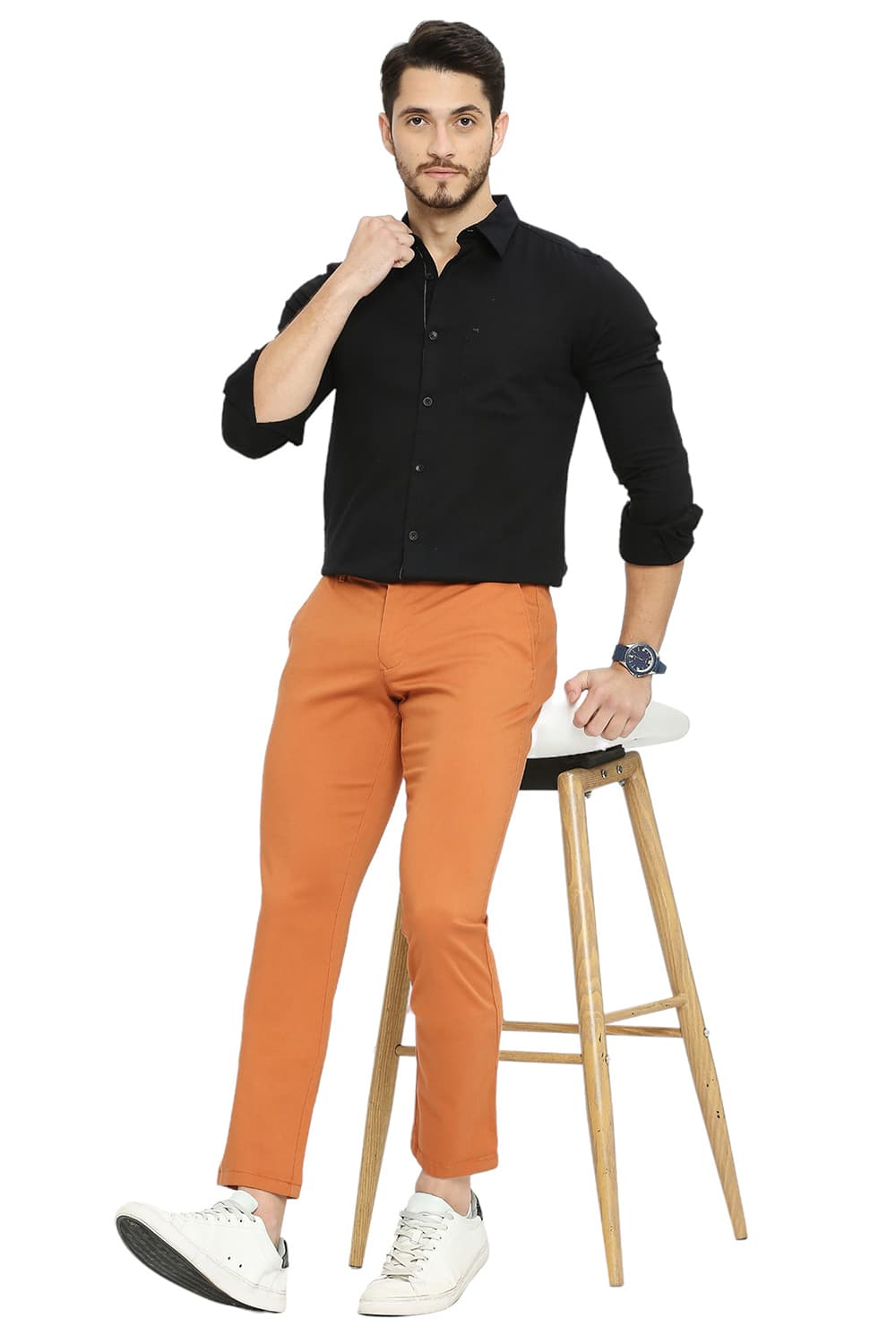 BASICS TAPERED FIT COTTON STRETCH DOBBY TROUSERS