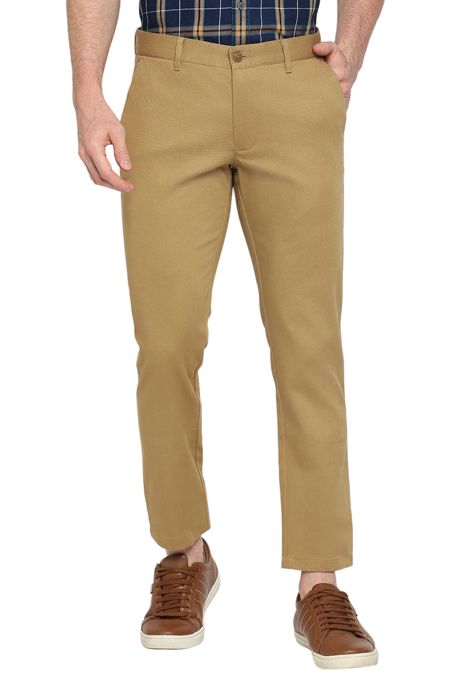 BASICS TAPERED FIT ANTIQUE KHAKI COTTON STRETCH DOBBY TROUSERS