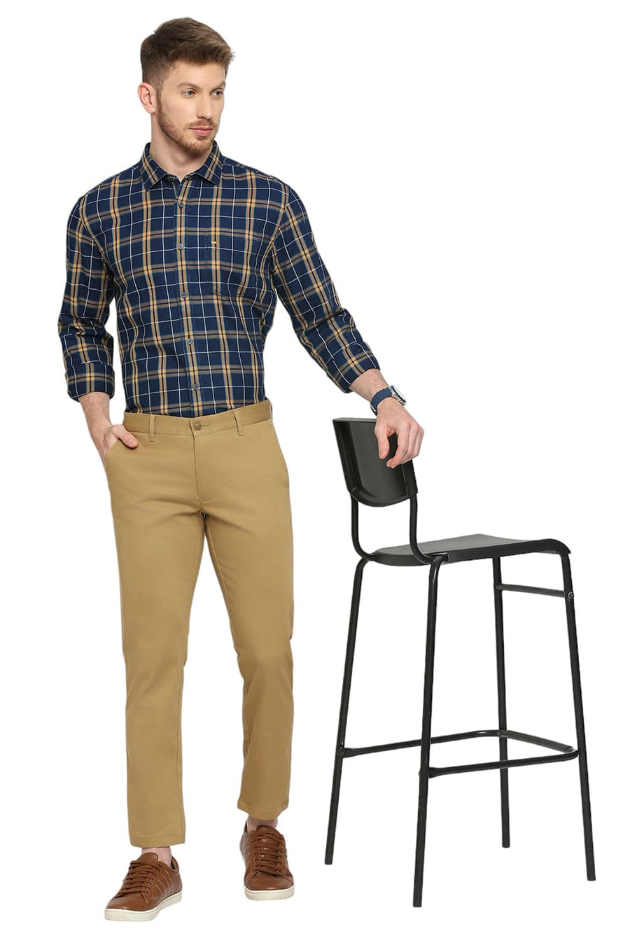 BASICS TAPERED FIT ANTIQUE KHAKI COTTON STRETCH DOBBY TROUSERS