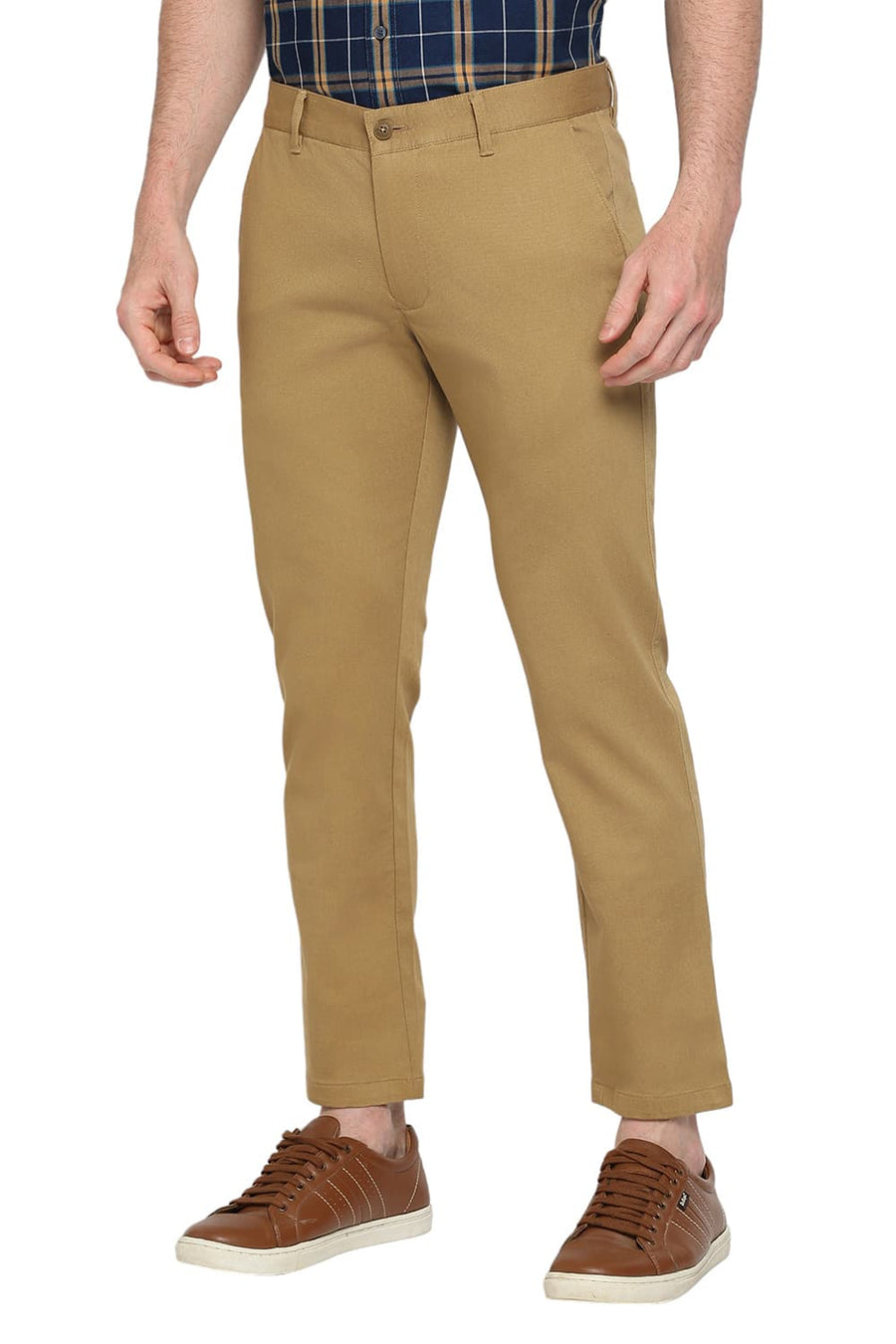BASICS TAPERED FIT ANTIQUE KHAKI COTTON STRETCH DOBBY TROUSERS