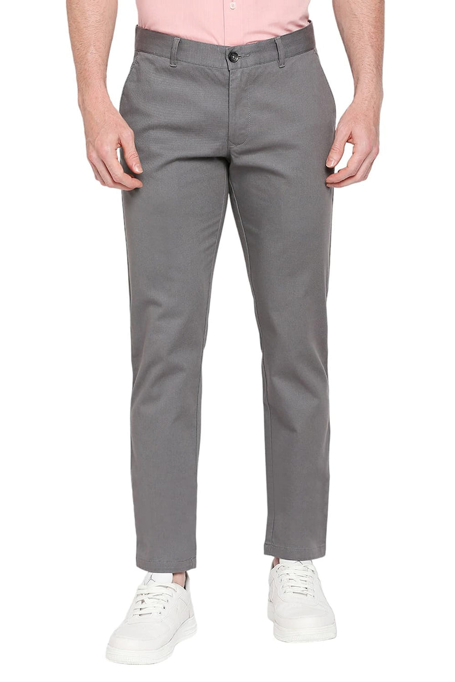 BASICS TAPERED FIT PEWTER GREY COTTON STRETCH DOBBY TROUSERS